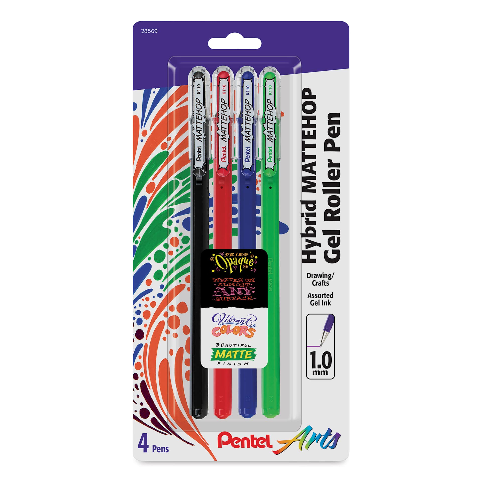 Pentel Arts Hybrid Mattehop Gel Roller Pens - Set A, Set of 4, front of the packaging