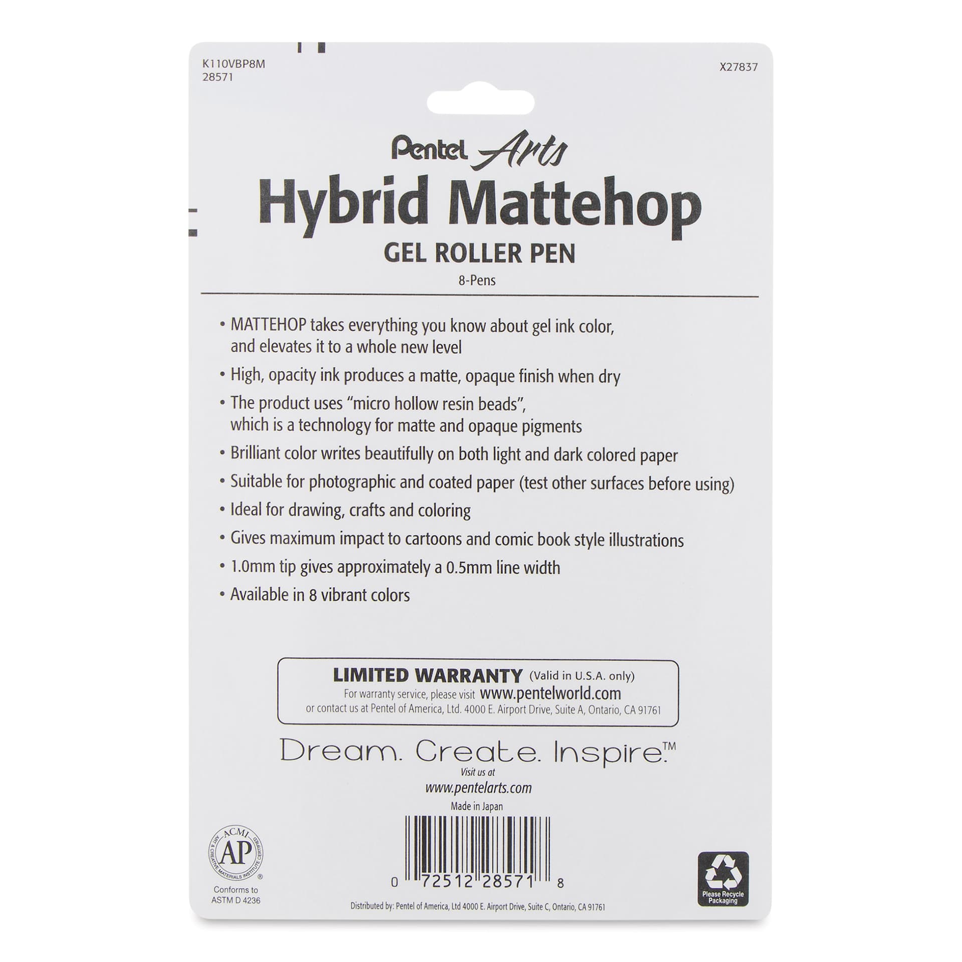 Pentel Arts Hybrid Mattehop Gel Roller Pens - Set of 8, back of the packaging