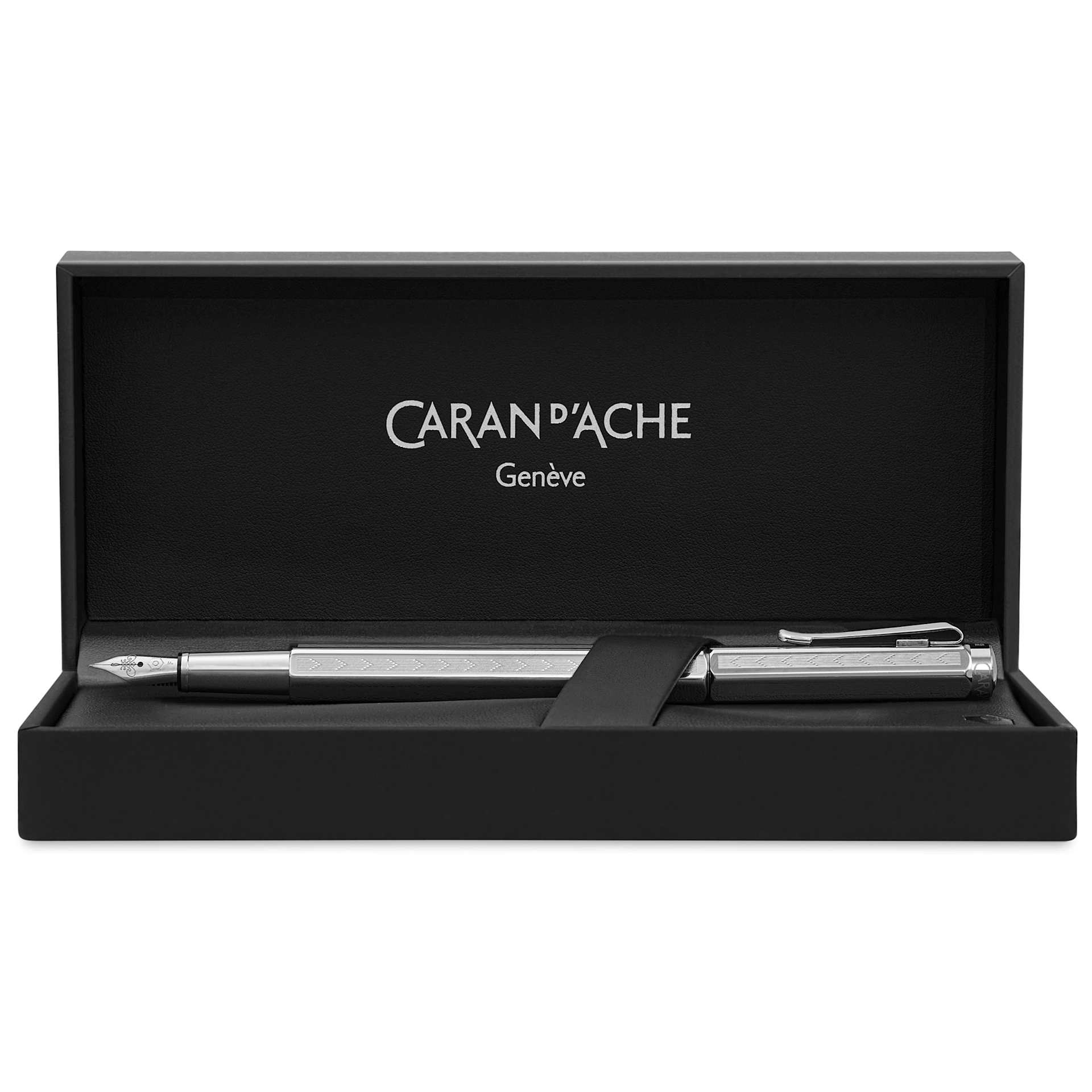 Caran d'Ache Ecridor Chevron Fountain Pen - Platinum Coated, Fine, in packaging (image shows a different size nib)