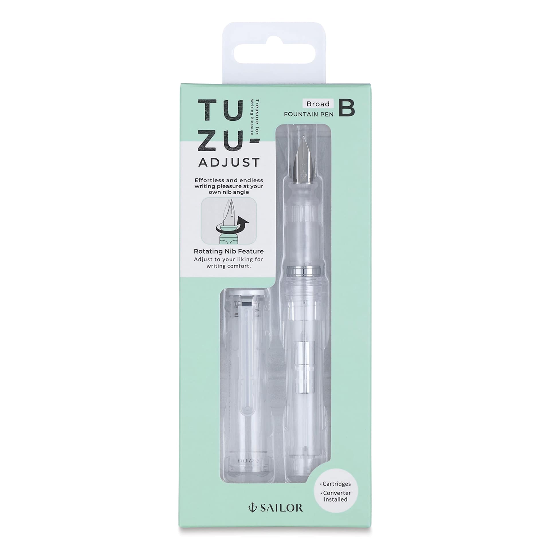 Sailor TUZU Adjust Fountain Pen - Glassy Crystal White, Broad, front of packaging