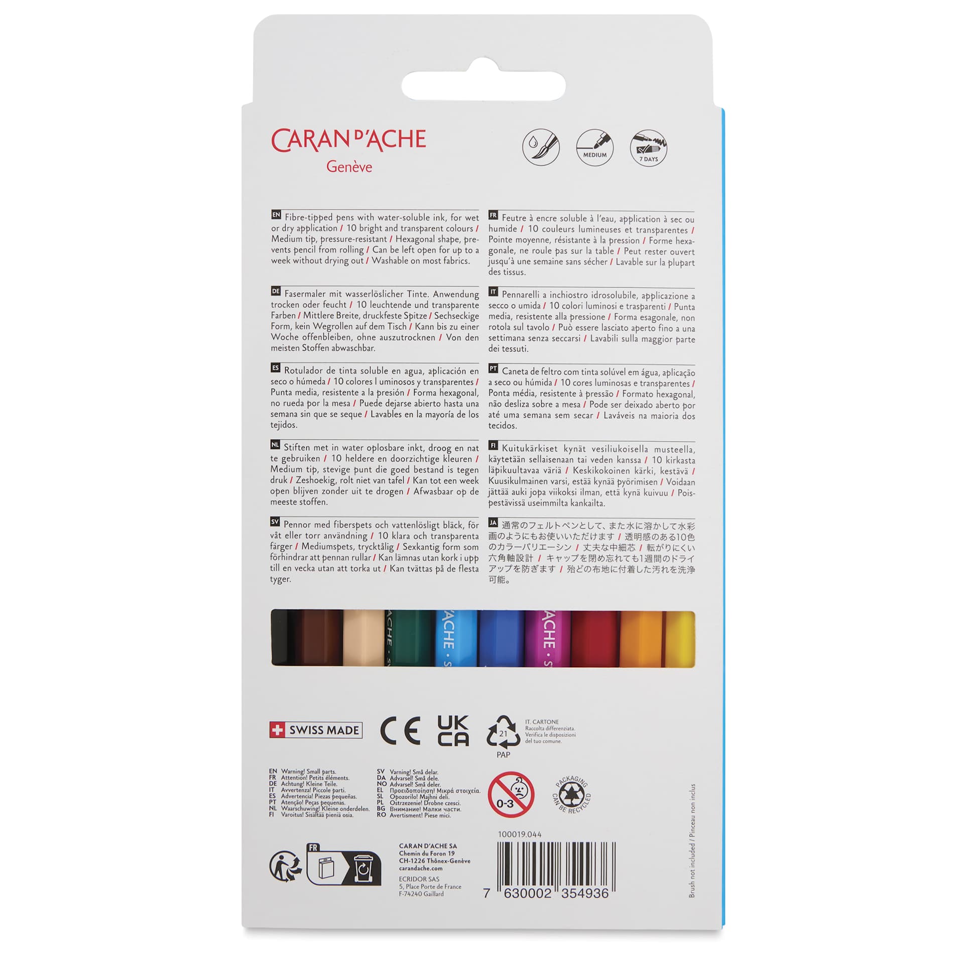 Caran d’Ache Swisscolor Aquarelle Markers - Assorted Colors, Set of 10, back of packaging