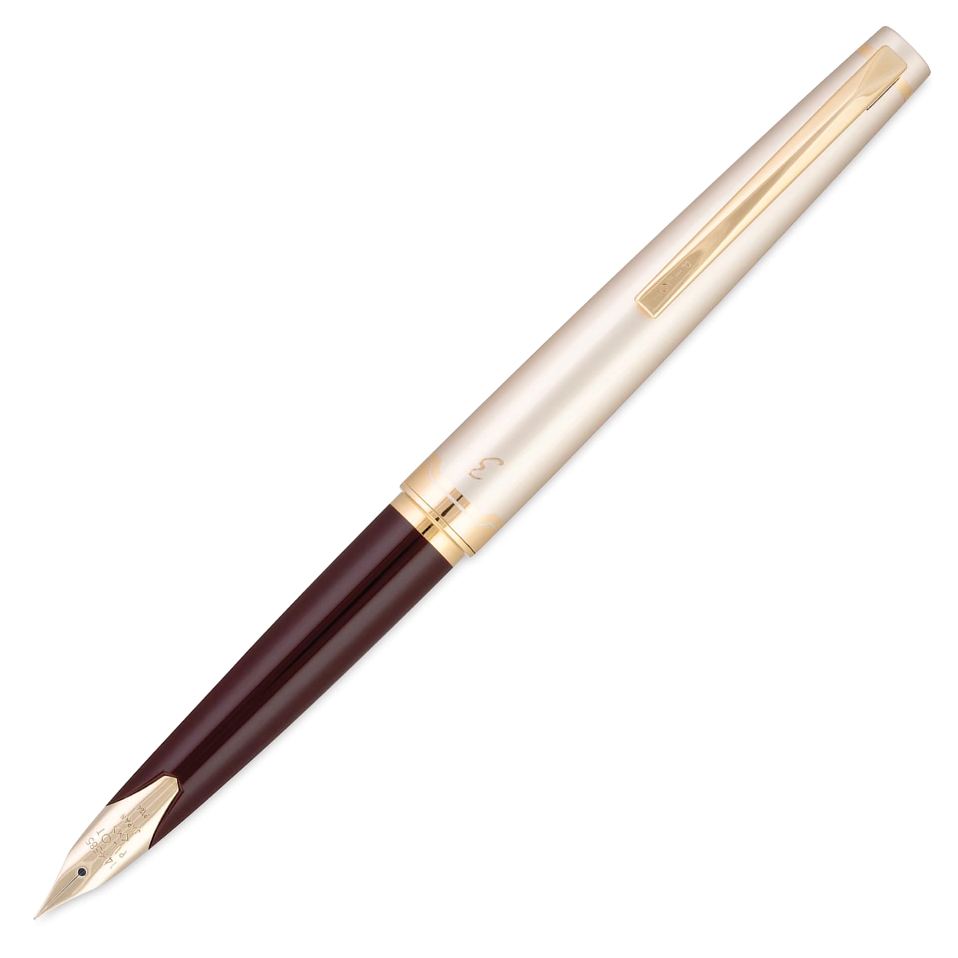 Pilot E95S Fountain Pen - Burgundy and Ivory, cap removed (image may show a different size nib)