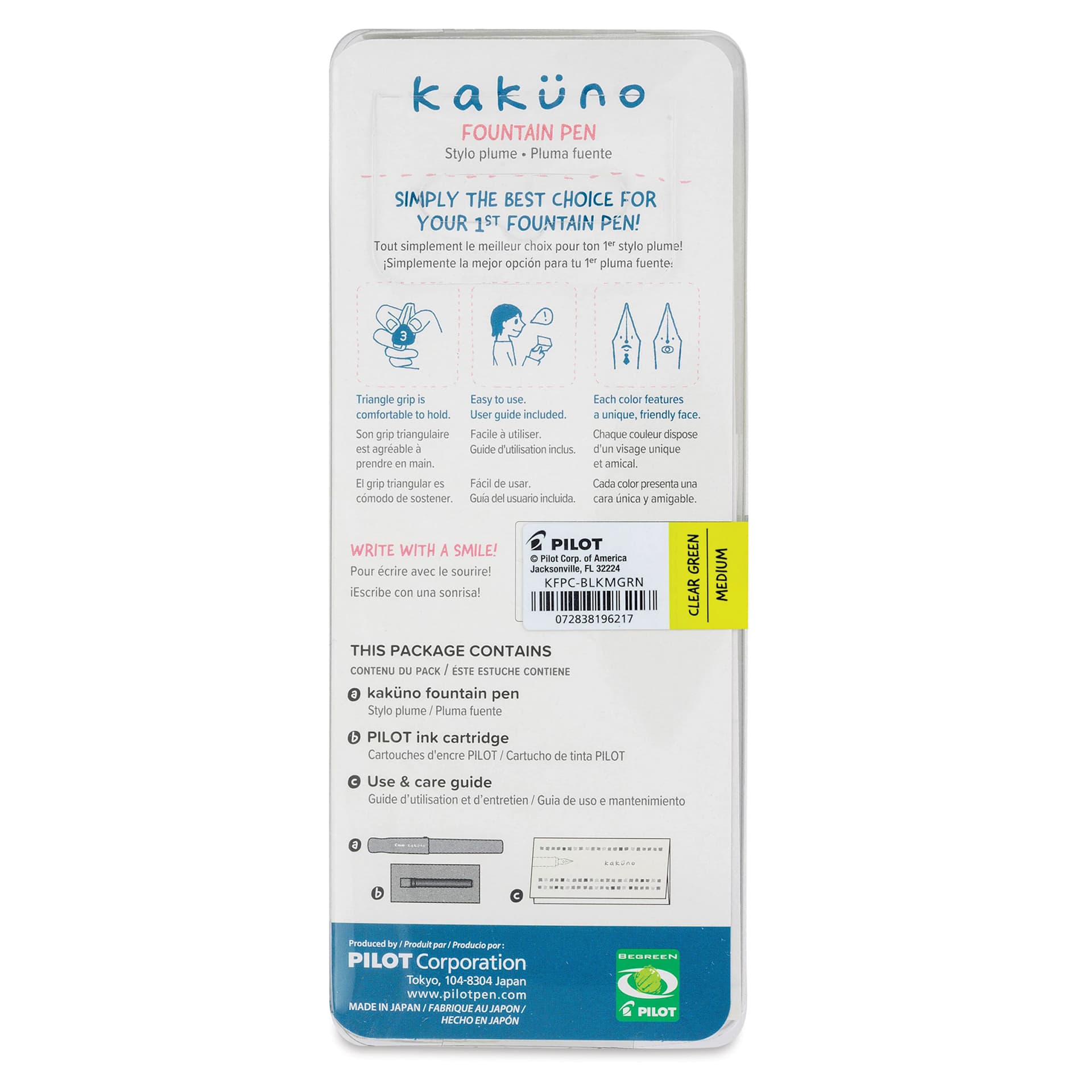 Pilot Kakuno Fountain Pen - Green, Medium Nib, back of package