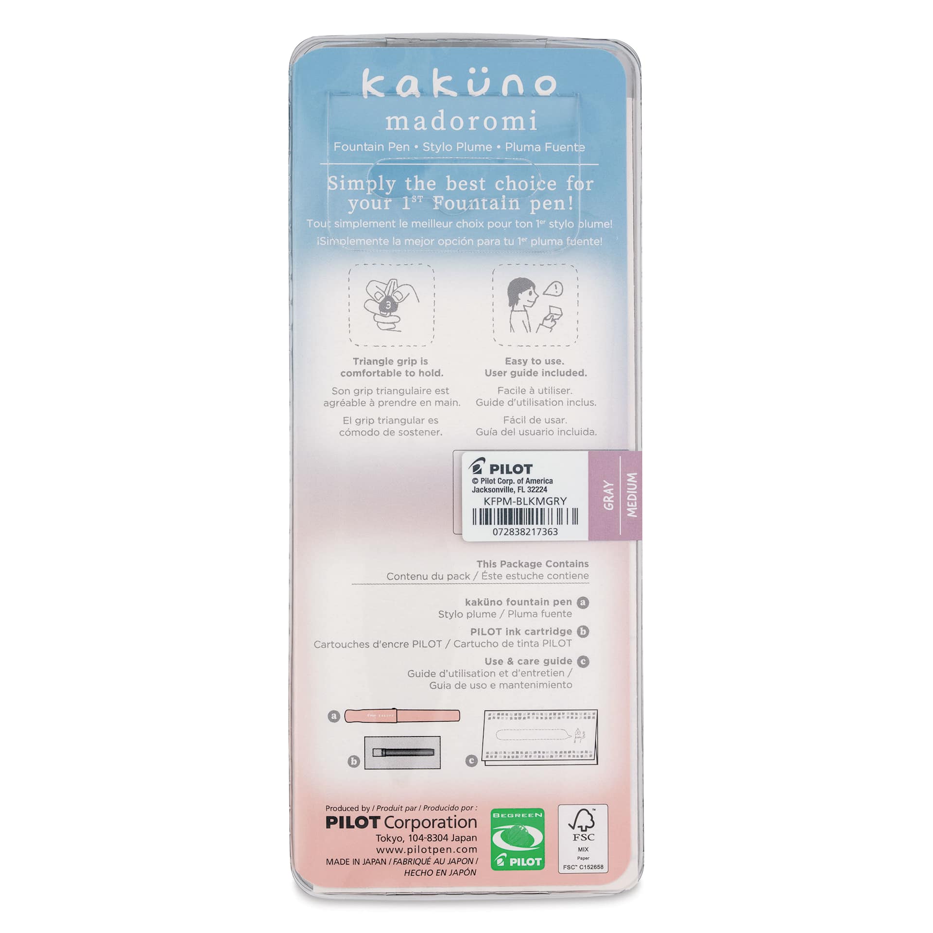 Pilot Kakuno Madoromi Fountain Pen - Nimbus Gray, Medium Nib, back of packaging