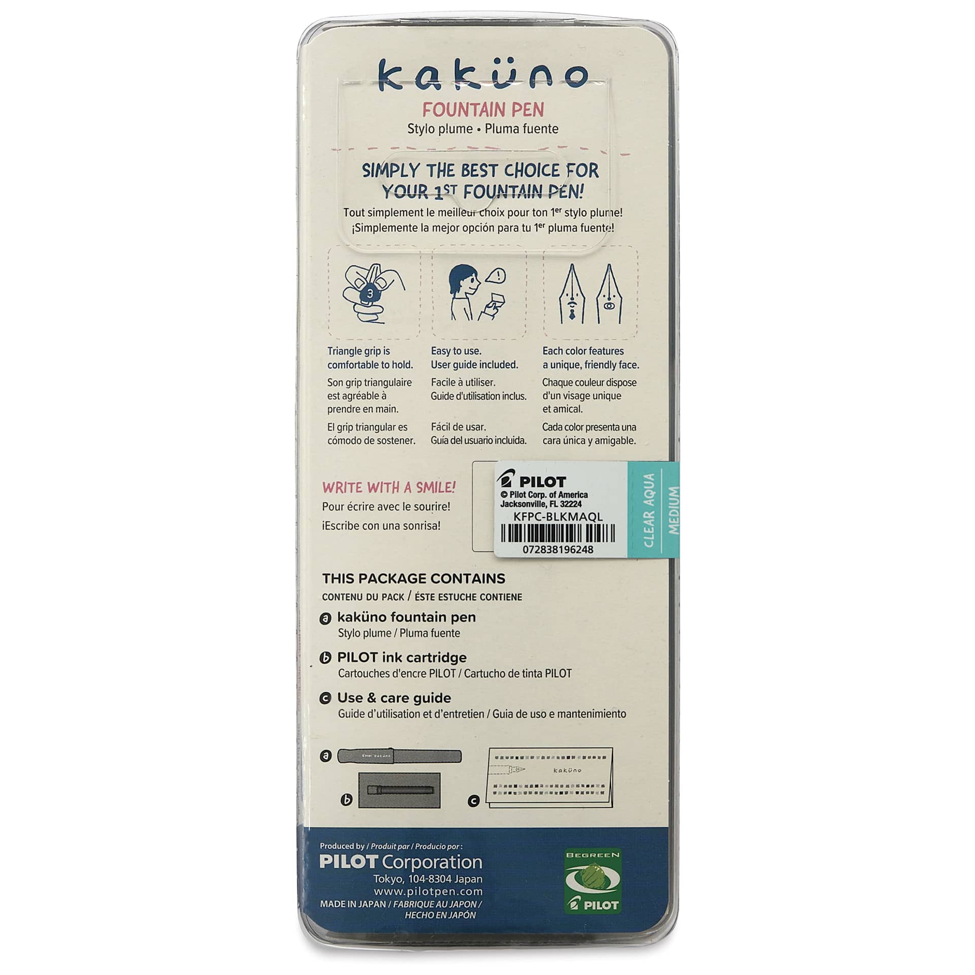 Pilot Kakuno Fountain Pen - Aqua, Medium Nib, back of package