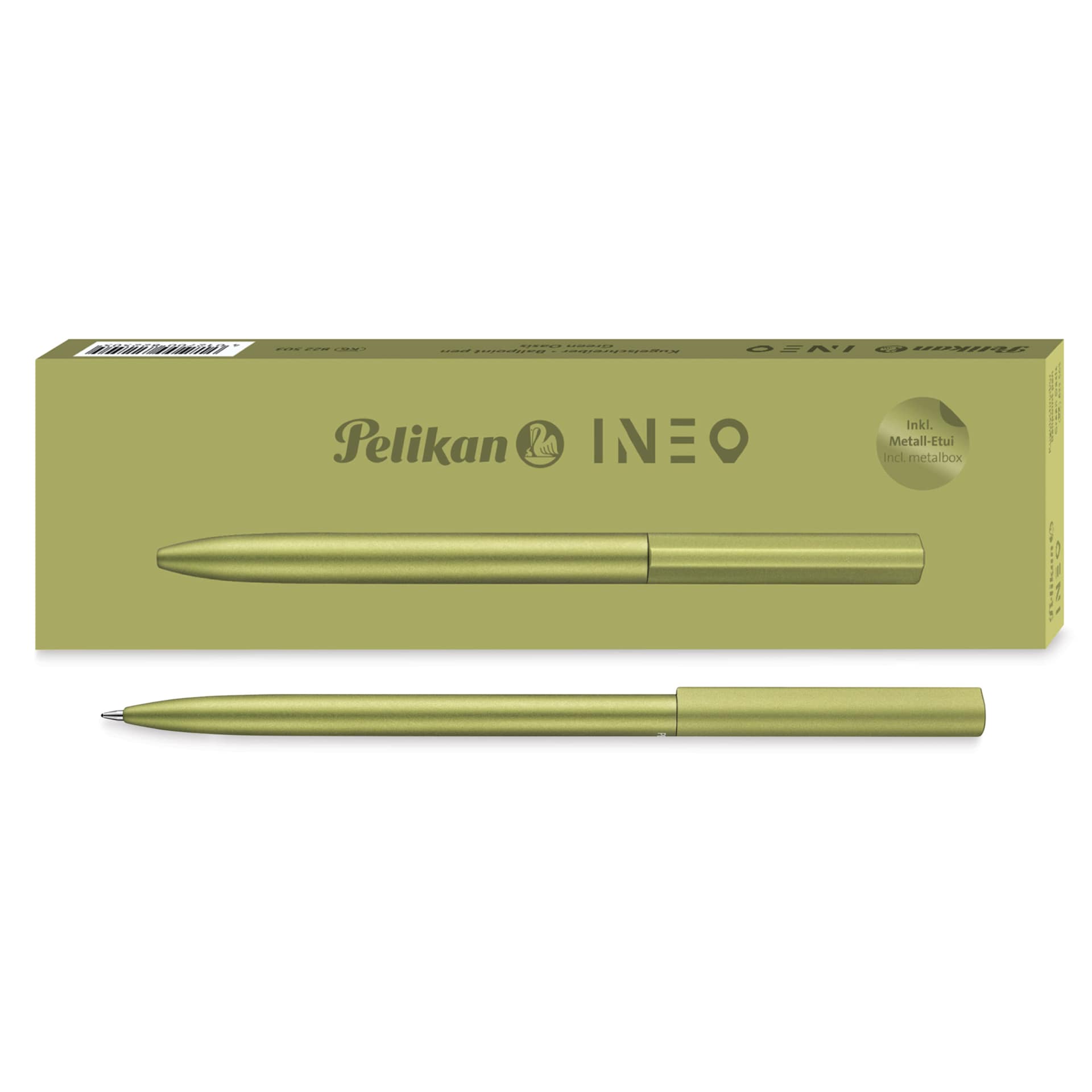 Pelikan Ineo Ballpoint Pen - Green Oasis pen in front of case