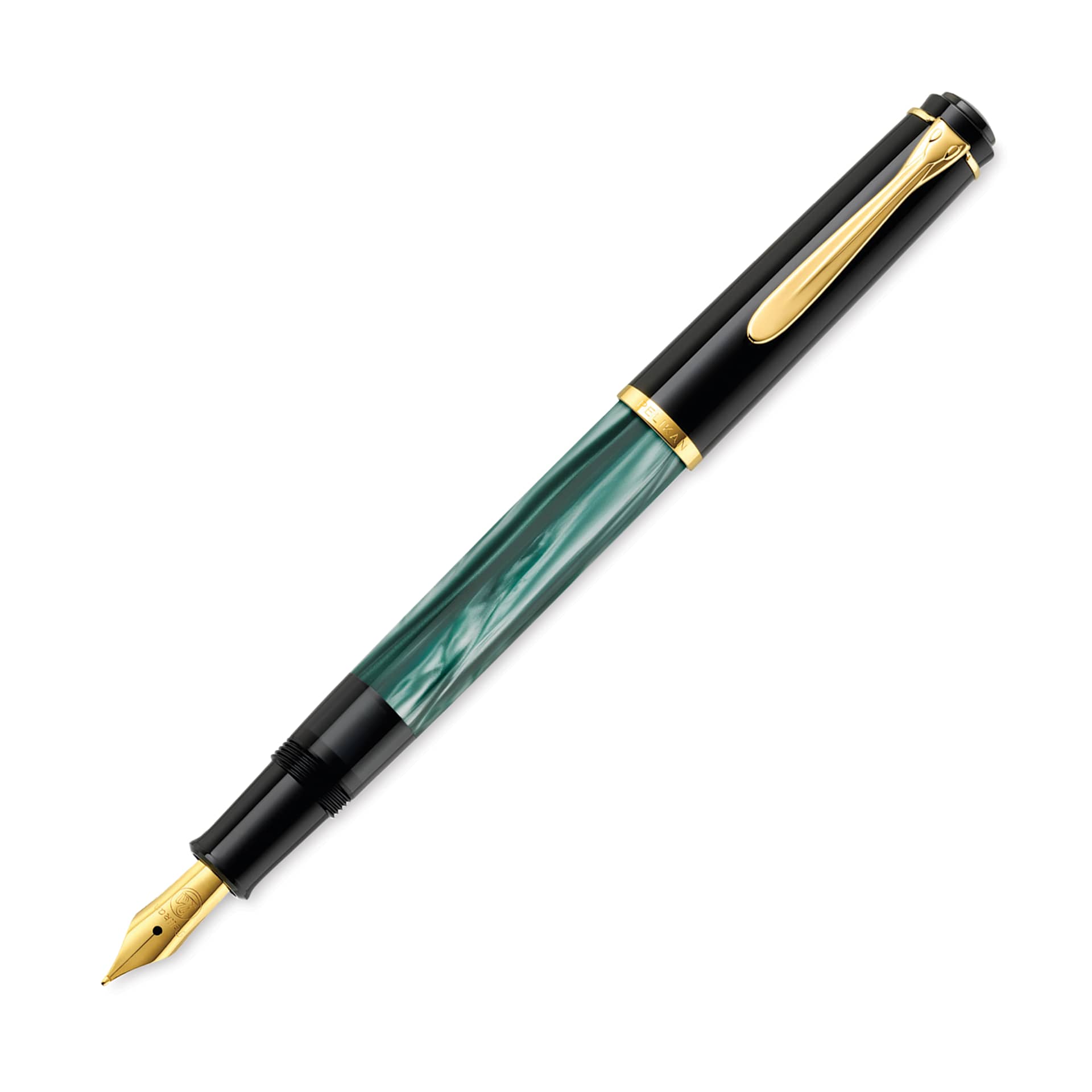 Pelikan M200 Fountain Pen - Green Marble, with cap on end of pen