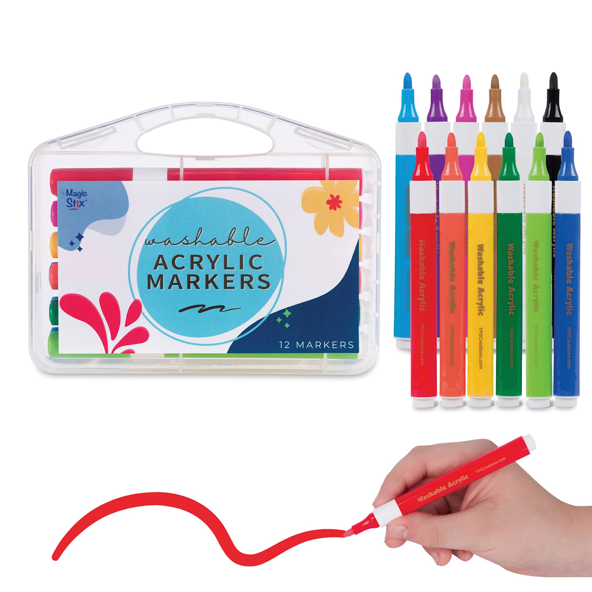 Magic Stix Washable Acrylic Markers - Assorted Color, Set of 12, one marker in hand showing stroke