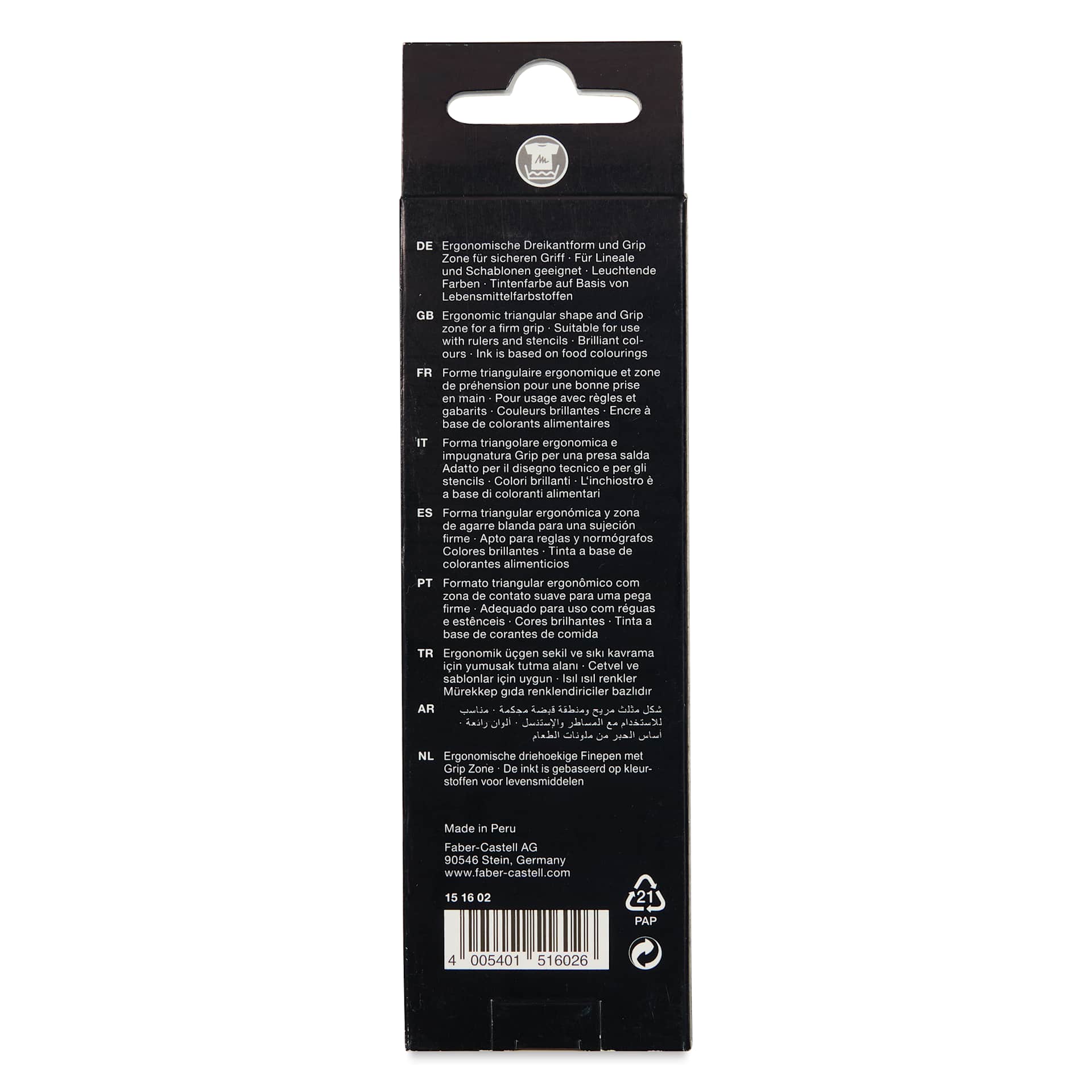Faber-Castell Black Edition Grip Fineliners - Pastel Colors, Set of 5, back of the packaging