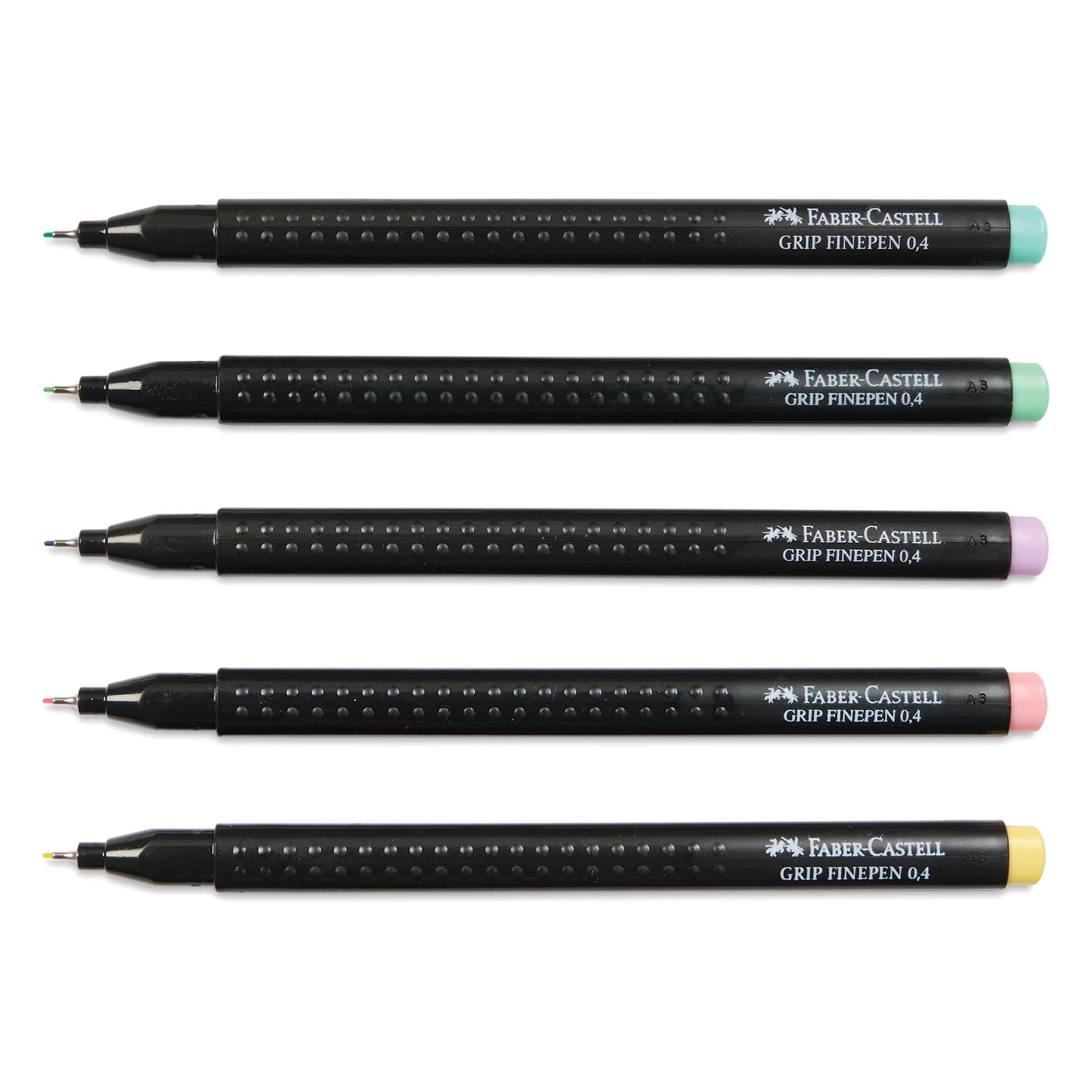 Faber-Castell Black Edition Grip Fineliners - Pastel Colors, Set of 5, caps off
