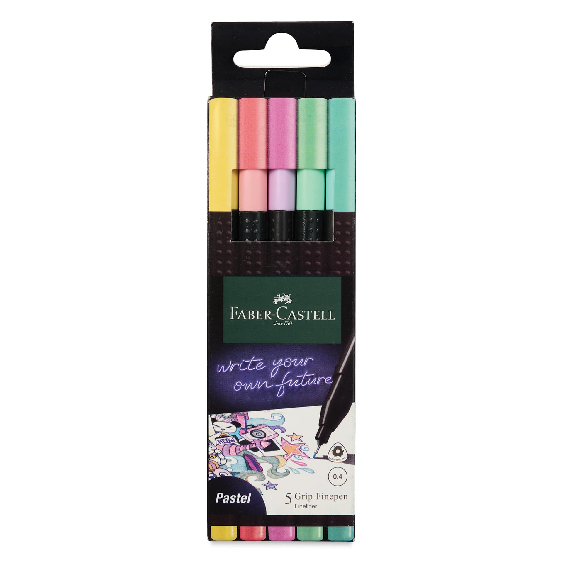 Faber-Castell Black Edition Grip Fineliners - Pastel Colors, Set of 5, front of the packaging