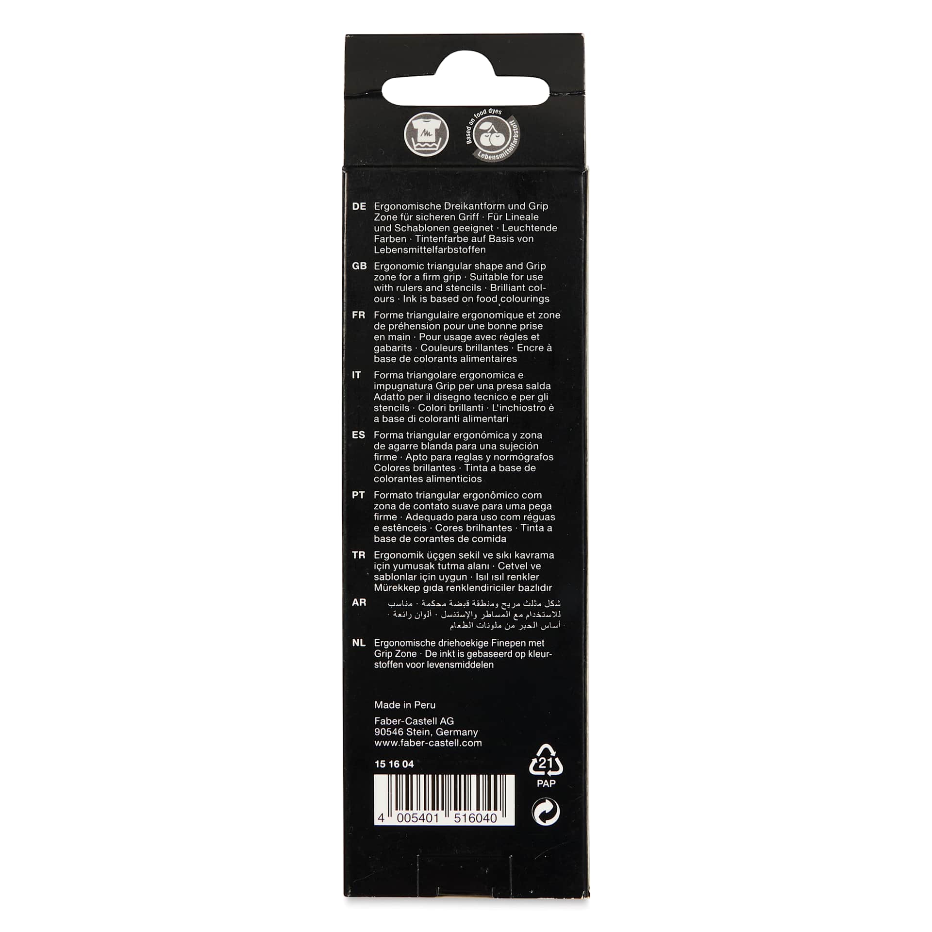 Faber-Castell Black Edition Grip Fineliners - Basic Colors, Set of 5, back of the packaging