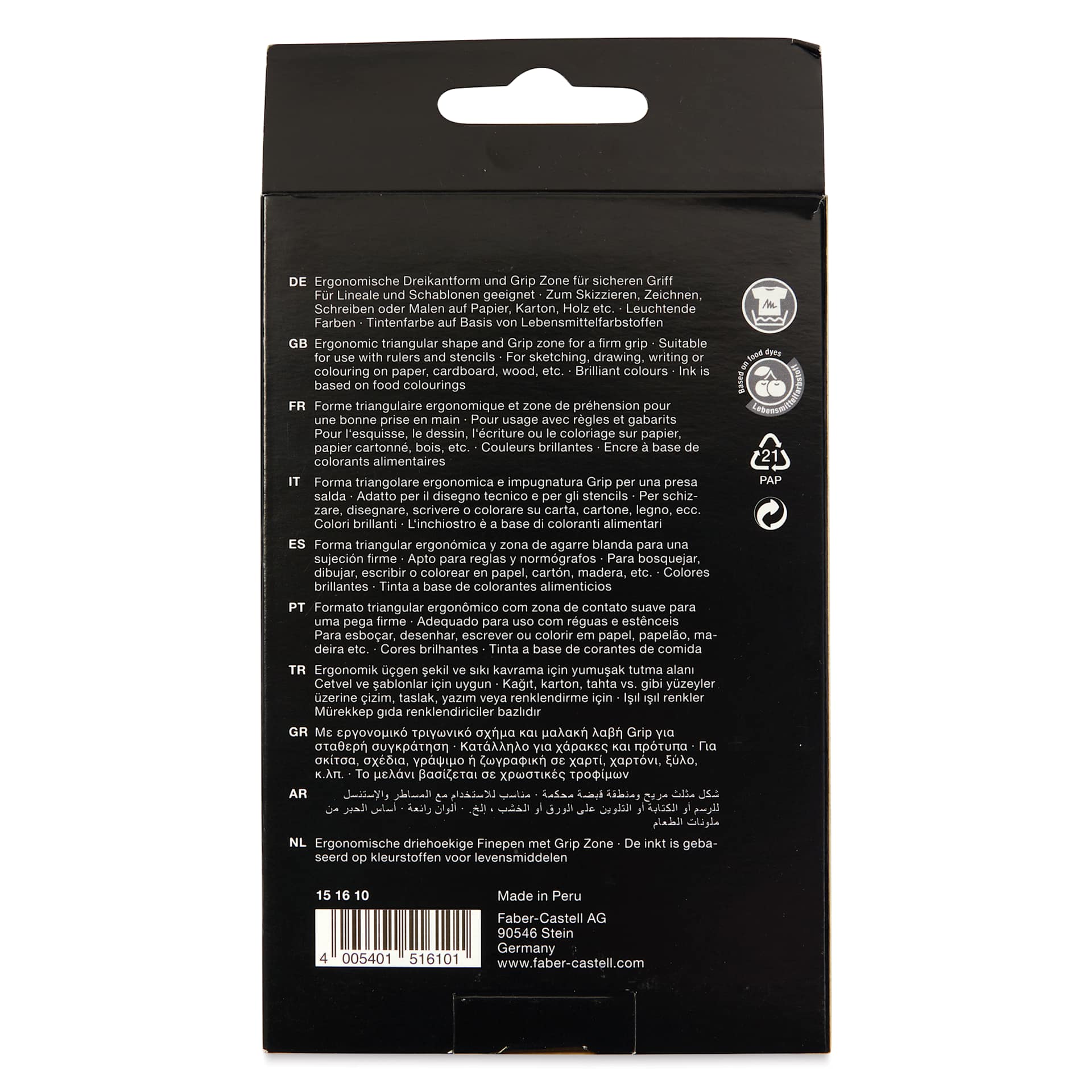 Faber-Castell Black Edition Grip Fineliners - Assorted Colors, Set of 10, back of the packaging