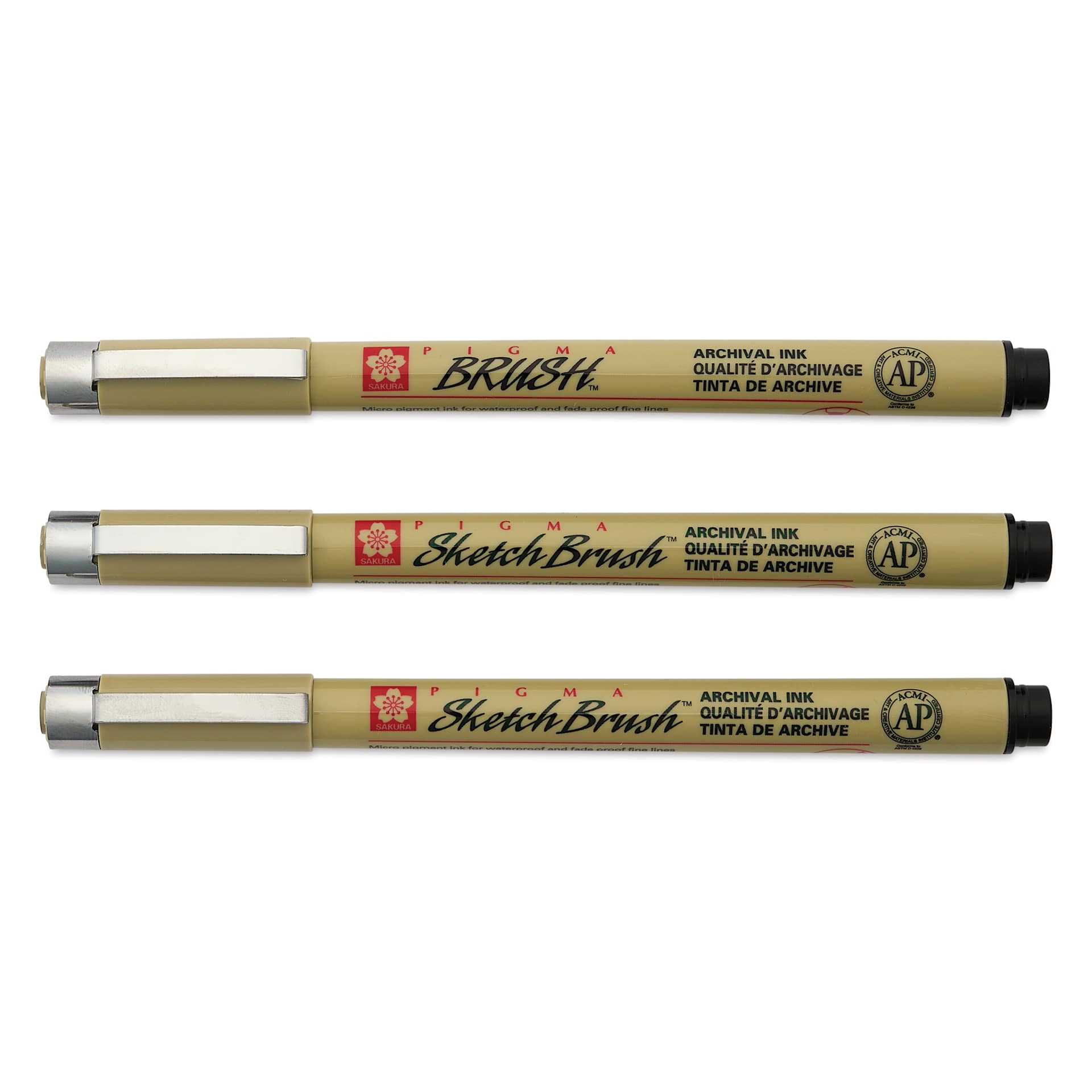 Sakura Pigma Brush and Sketch Brush Pens - Set of 3, Black, laid out