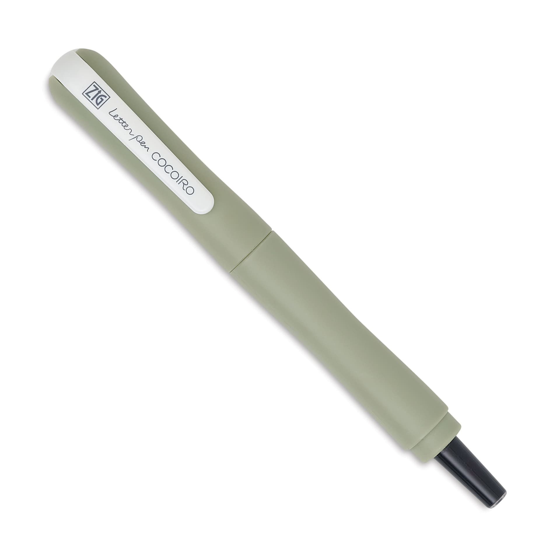 Kuretake Zig Cocoiro Letter Pen - Smoky Olive, Extra Fine Brush Nib, nib removed to show ink cartridge