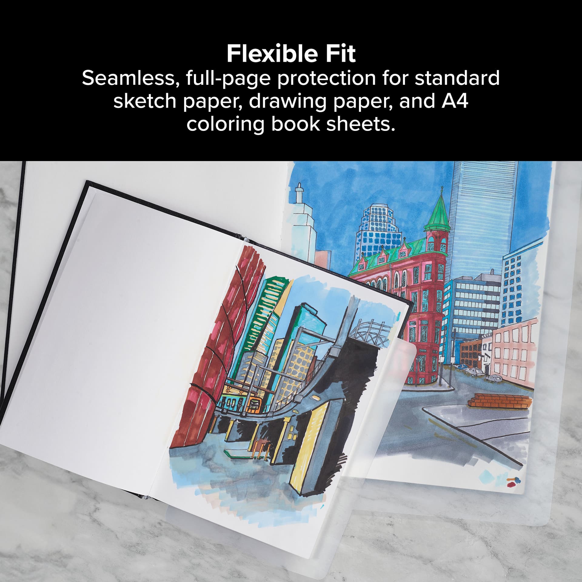 Blick InkShield with flexible fit. Seamless full-page protection for standard sketch paper, drawing paper and A4 coloring book sheets.