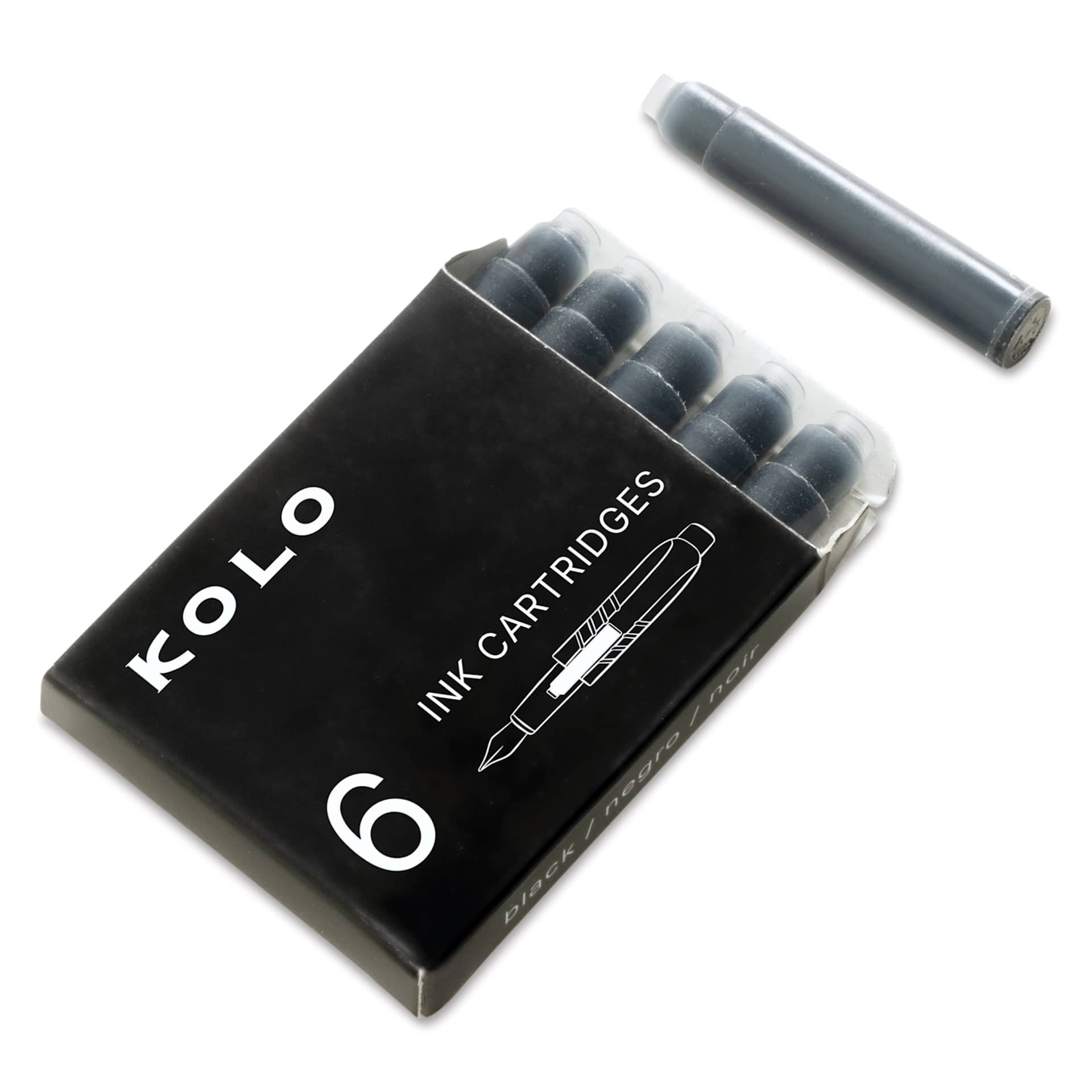 Kolo Fountain Pen Ink Cartridges - Pkg of 6, Black, opening packaging showing cartridges