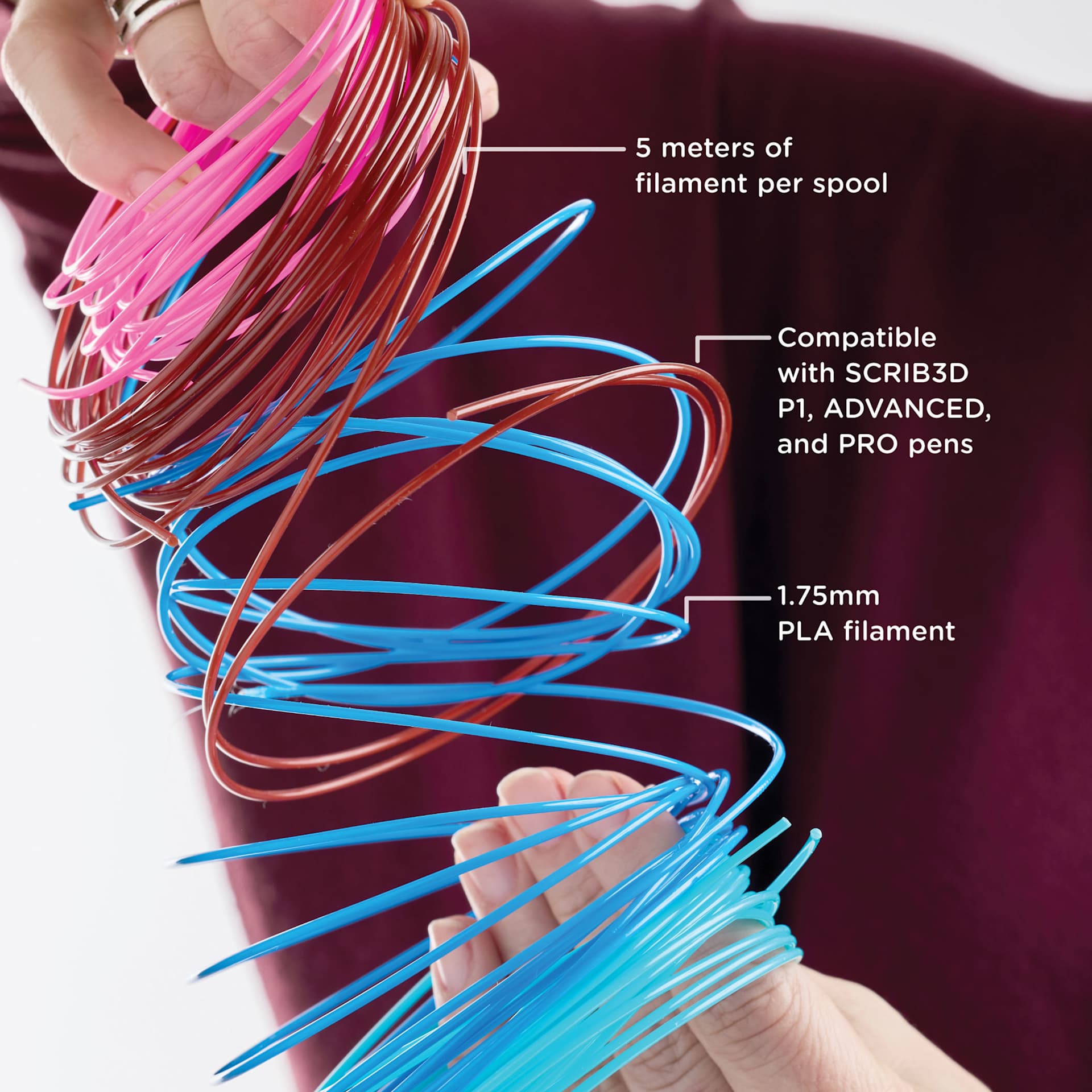 Scrib3D PLA Filament Refills. 5 meters of filament per spool. Compatible with Scrib3d, P1, Advanced and Pro pens. 1.75mm PLA filament.