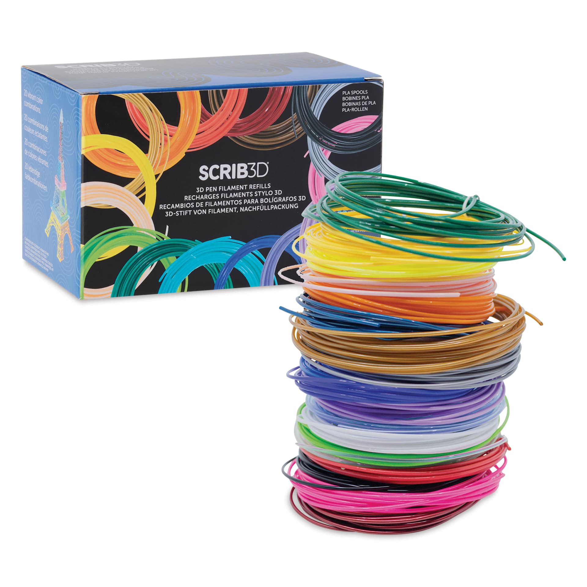 Scrib3D PLA Filament Refills stcked in front of packaging