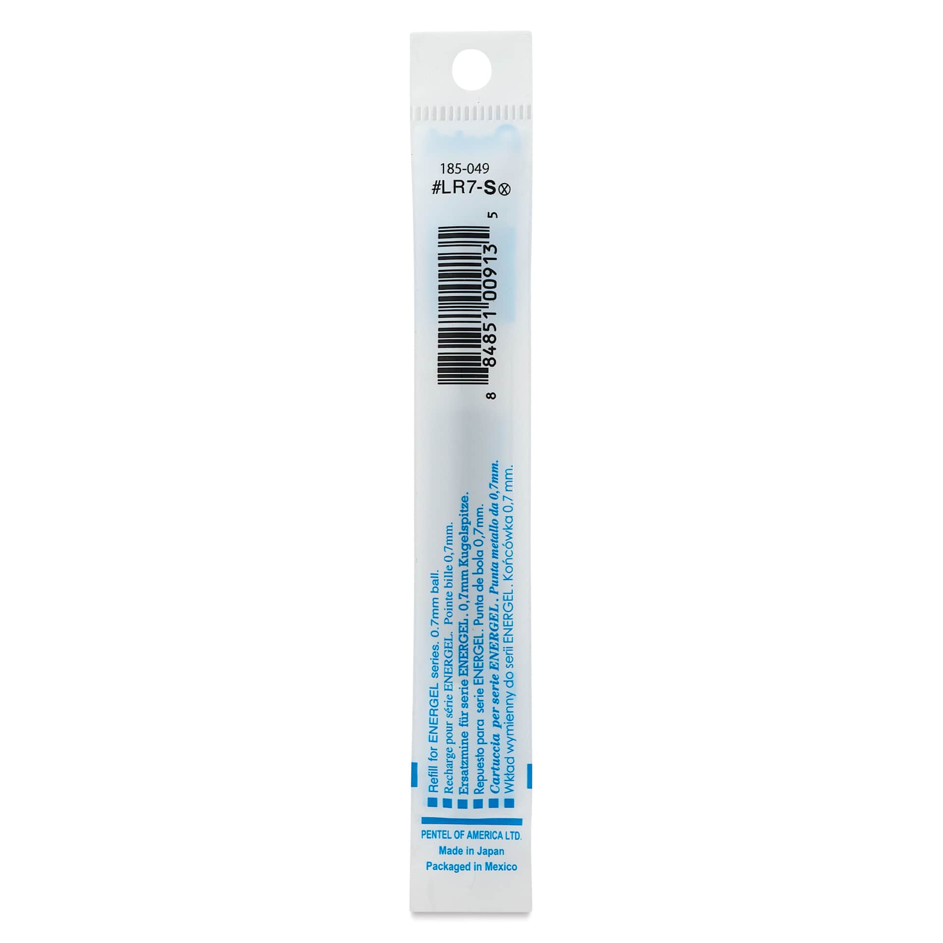 Pentel EnerGel Liquid Gel Pen Refill - Sky Blue, 0.7 mm, back of packaging