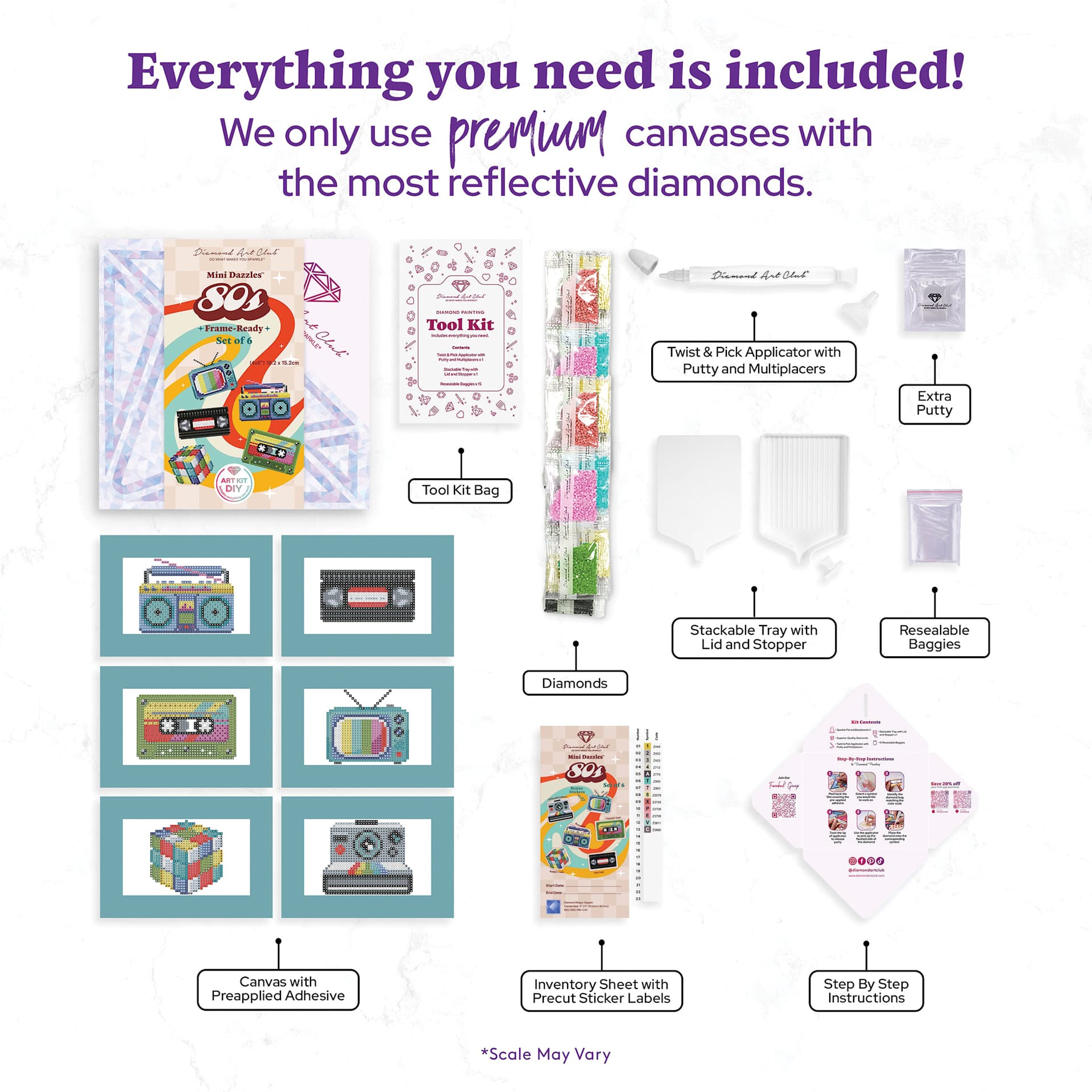 Everything you need is included! Premium diamond painting kit includes six pre-printed adhesive canvases, reflective diamonds, tool kit, applicator pen, wax, tray with lid, resealable bags, inventory sheet with labels, and step-by-step instructions.