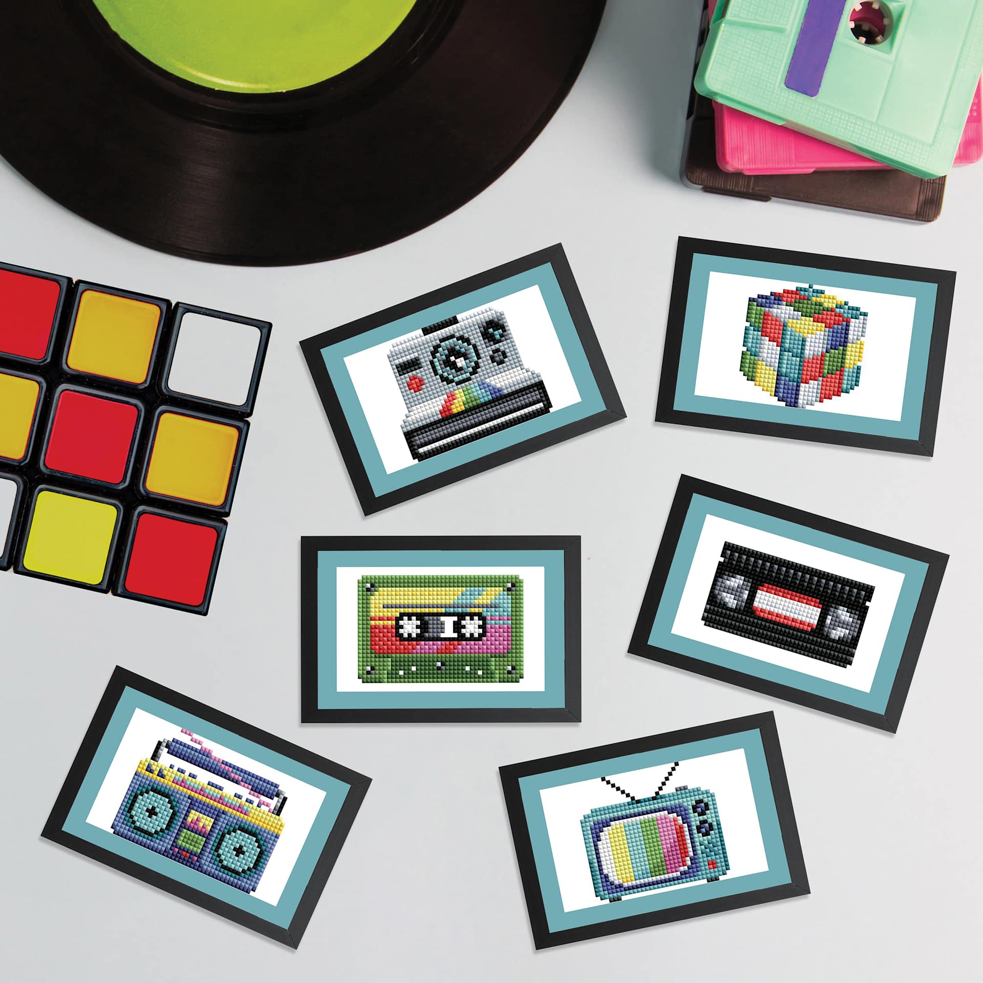 Diamond Art Club Mini Dazzles Kit - 80's, finished pieces on desk