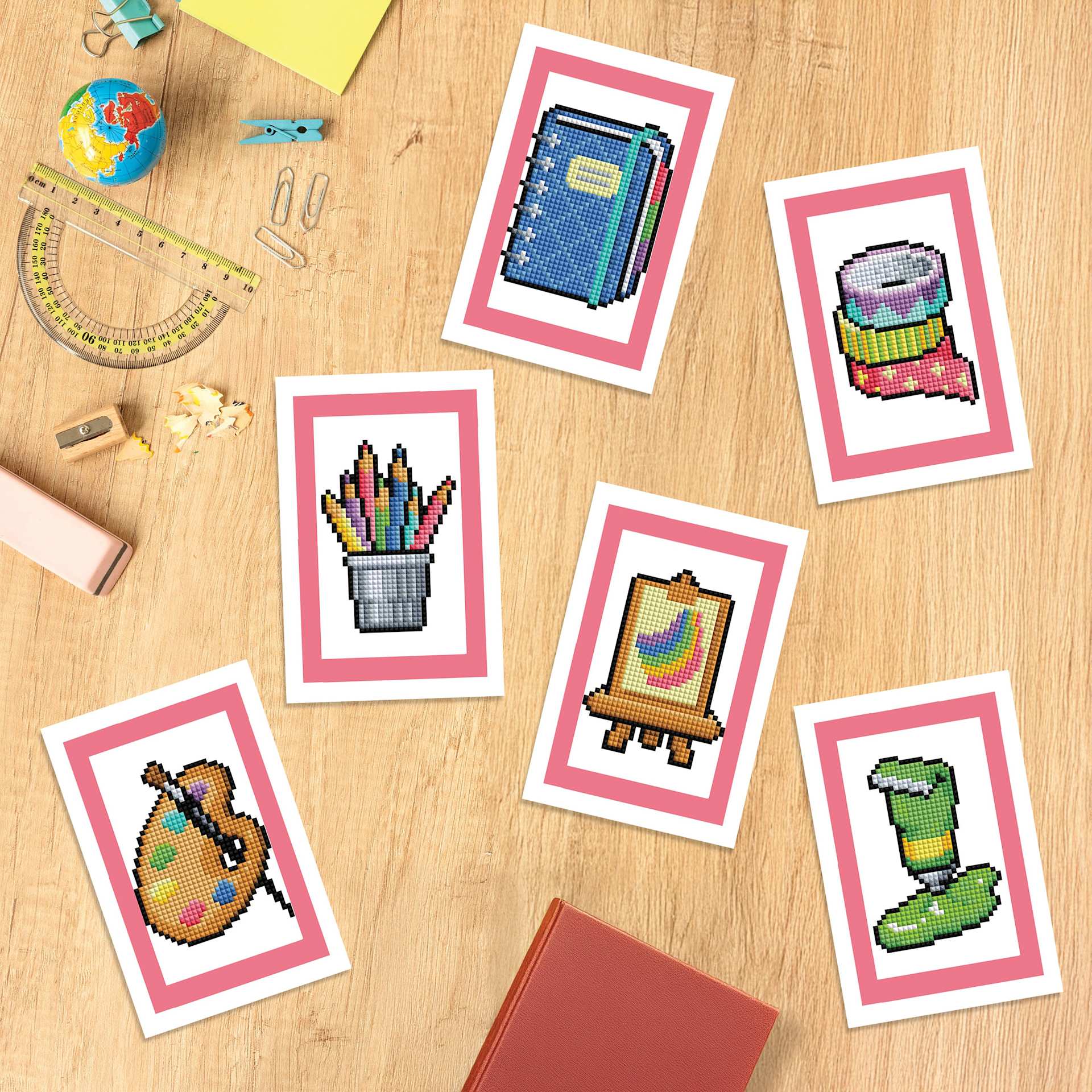 Diamond Art Club Mini Dazzles Kit - Art Supplies, finished pieces on desk