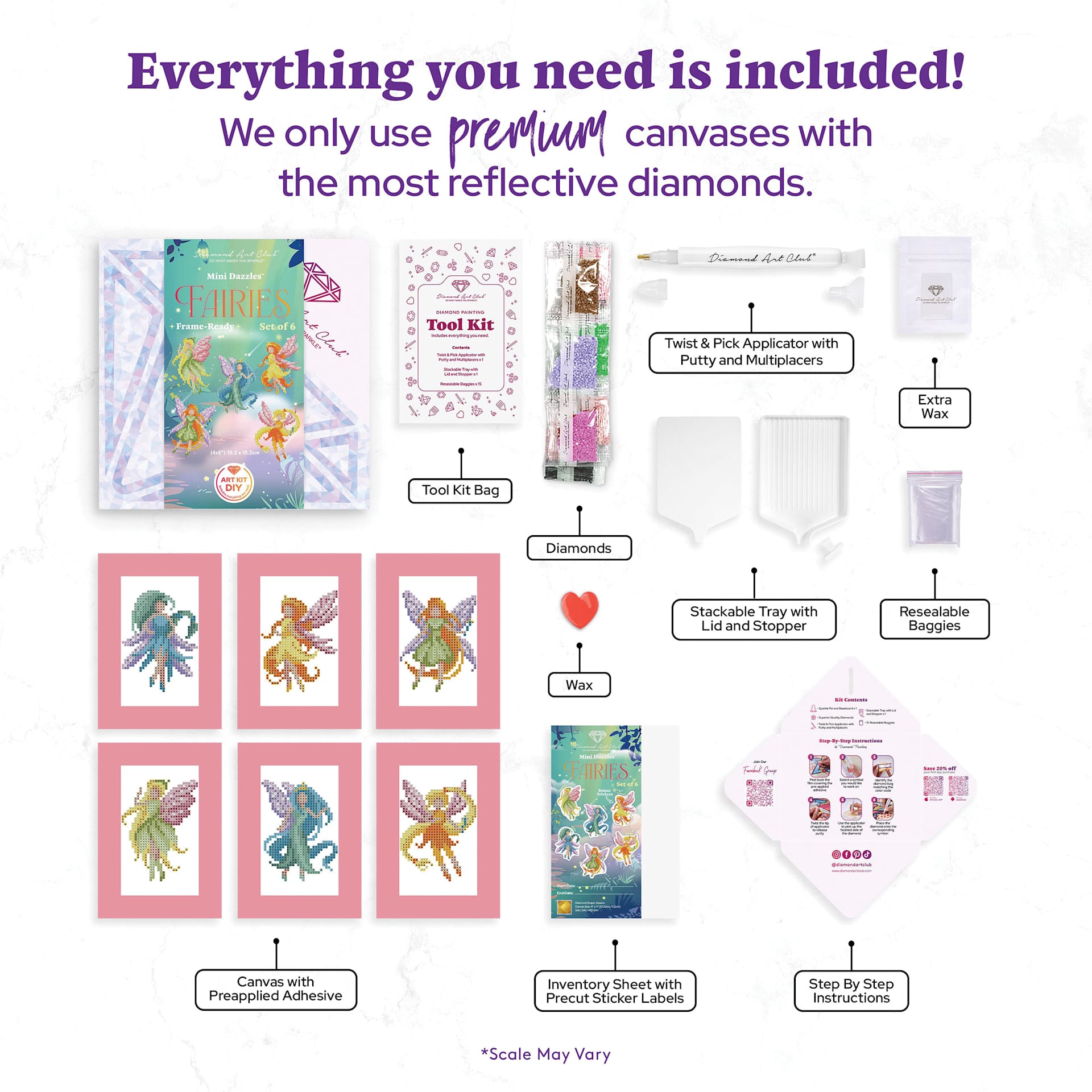 Everything you need is included! Premium diamond painting kit includes six pre-printed adhesive canvases, reflective diamonds, tool kit, applicator pen, wax, tray with lid, resealable bags, inventory sheet with labels, and step-by-step instructions.