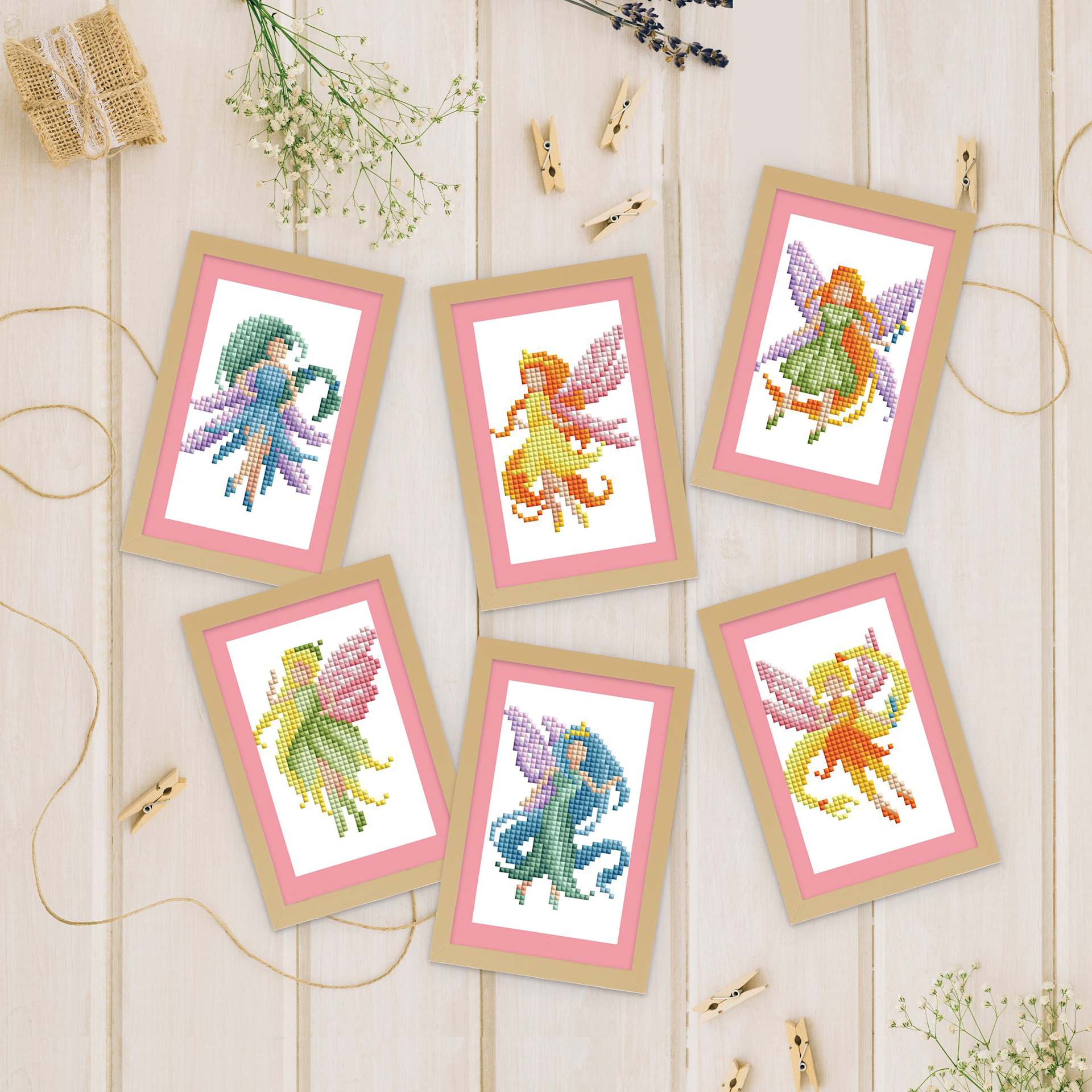 Diamond Art Club Mini Dazzles Kit - Fairies, finished pieces on desk