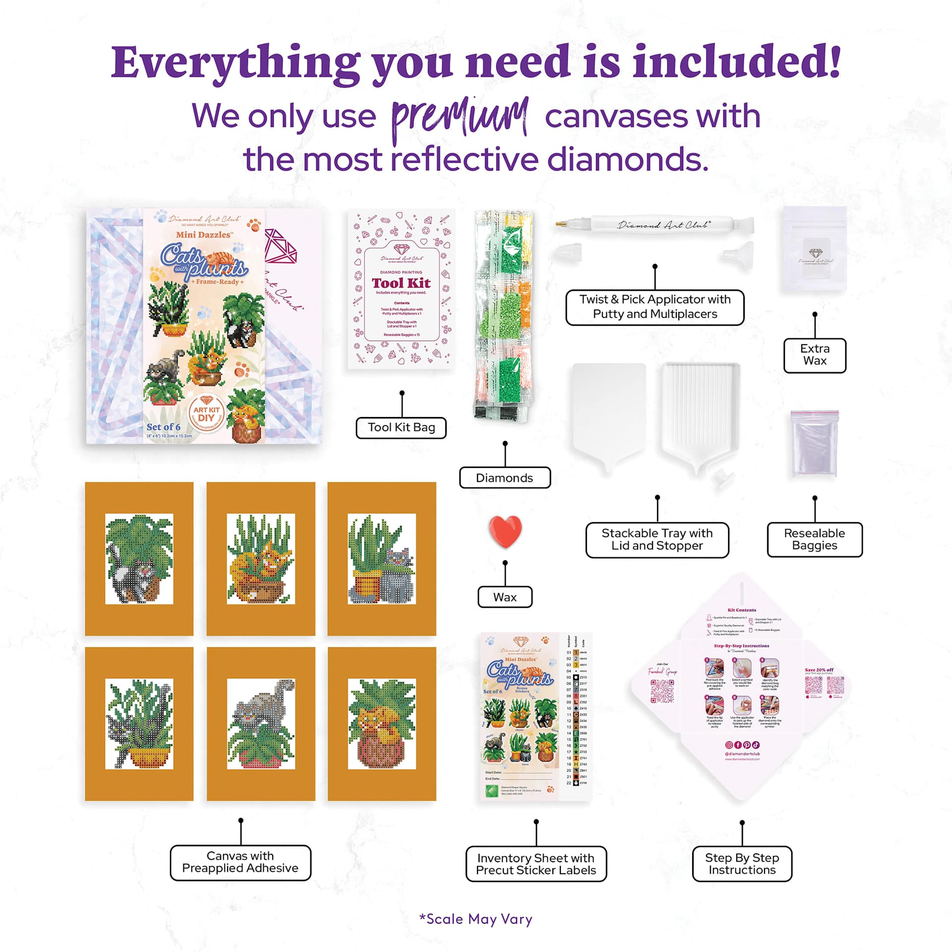 Everything you need is included! Premium diamond painting kit includes six pre-printed adhesive canvases, reflective diamonds, tool kit, applicator pen, wax, tray with lid, resealable bags, inventory sheet with labels, and step-by-step instructions.