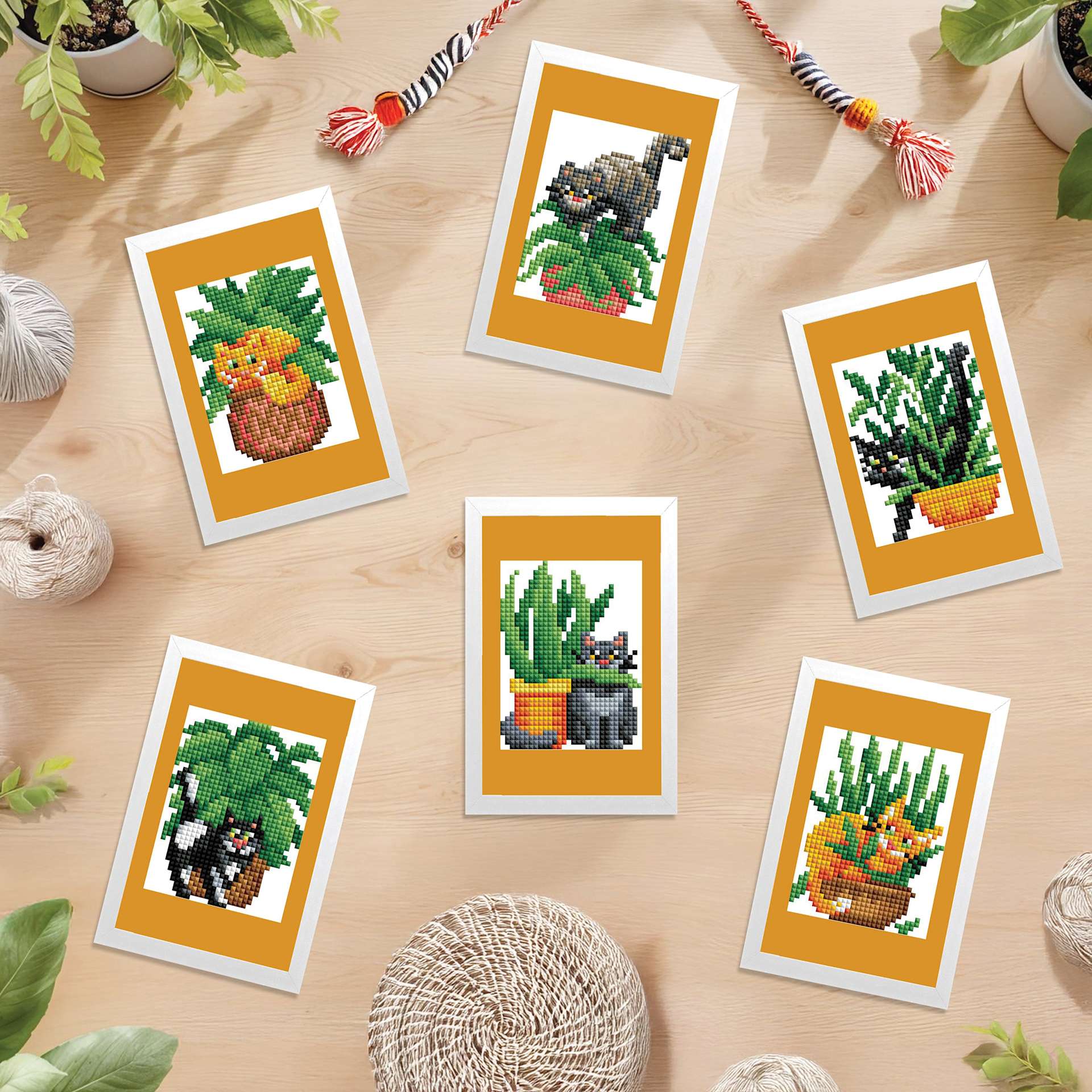 Diamond Art Club Mini Dazzles Kit - Cats with Plants, finished pieces on desk