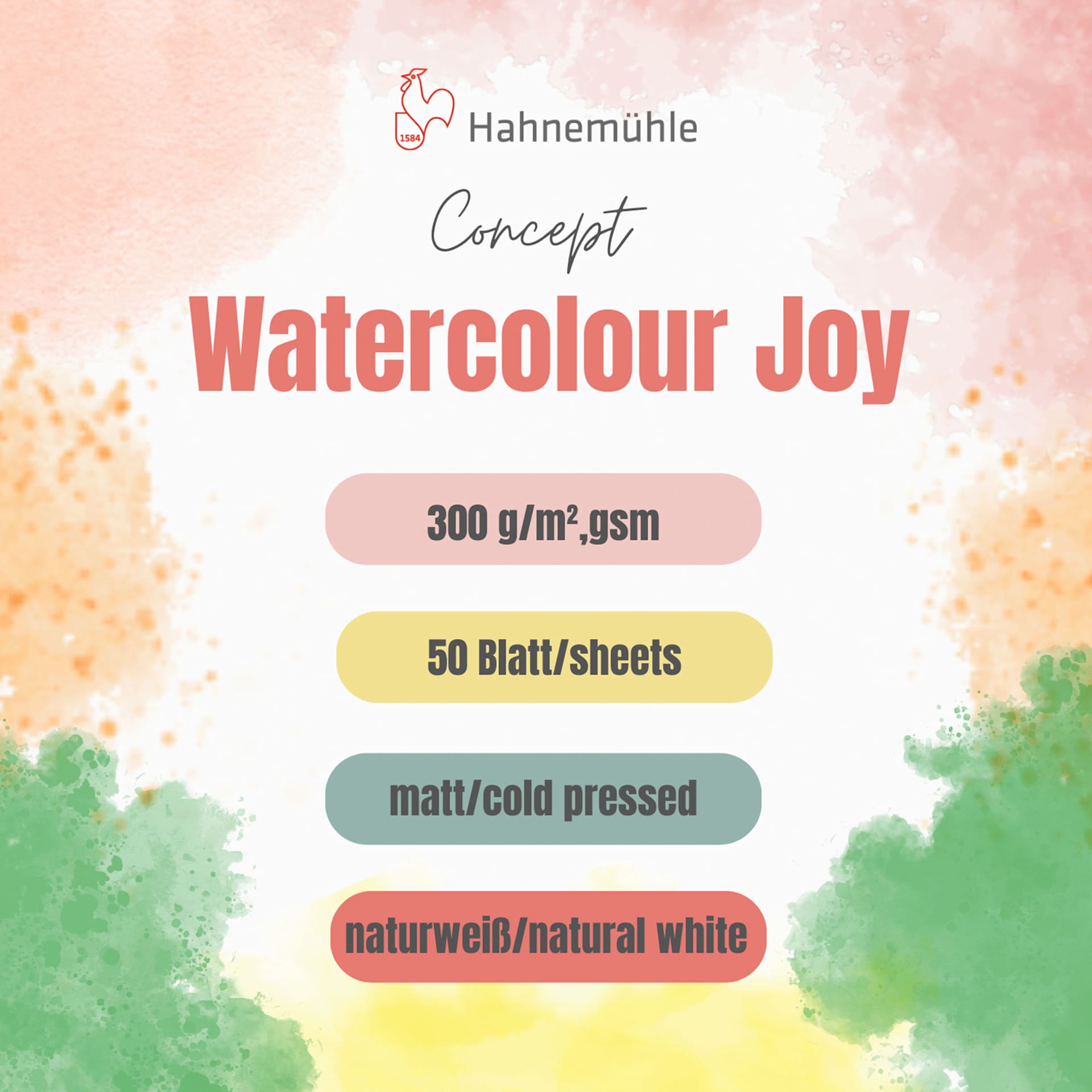 Hahnemuhle concept watercolor joy. 300 gsm. 500 blatt/sheets. matt/cold pressed. natural white.