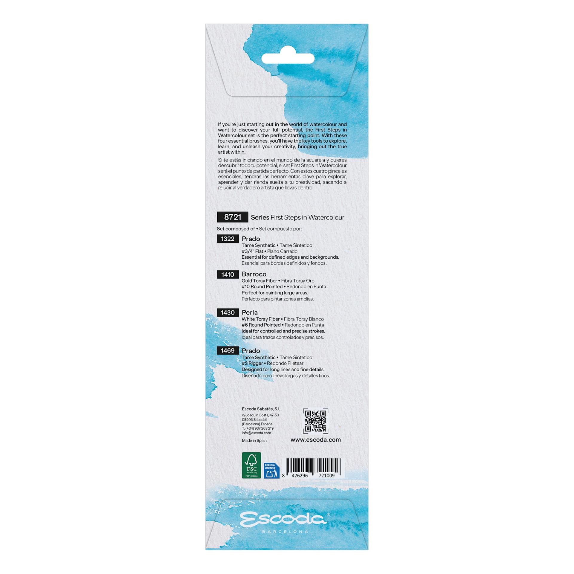 Escoda First Steps in Watercolor Brushes - Set of 4, back of packaging