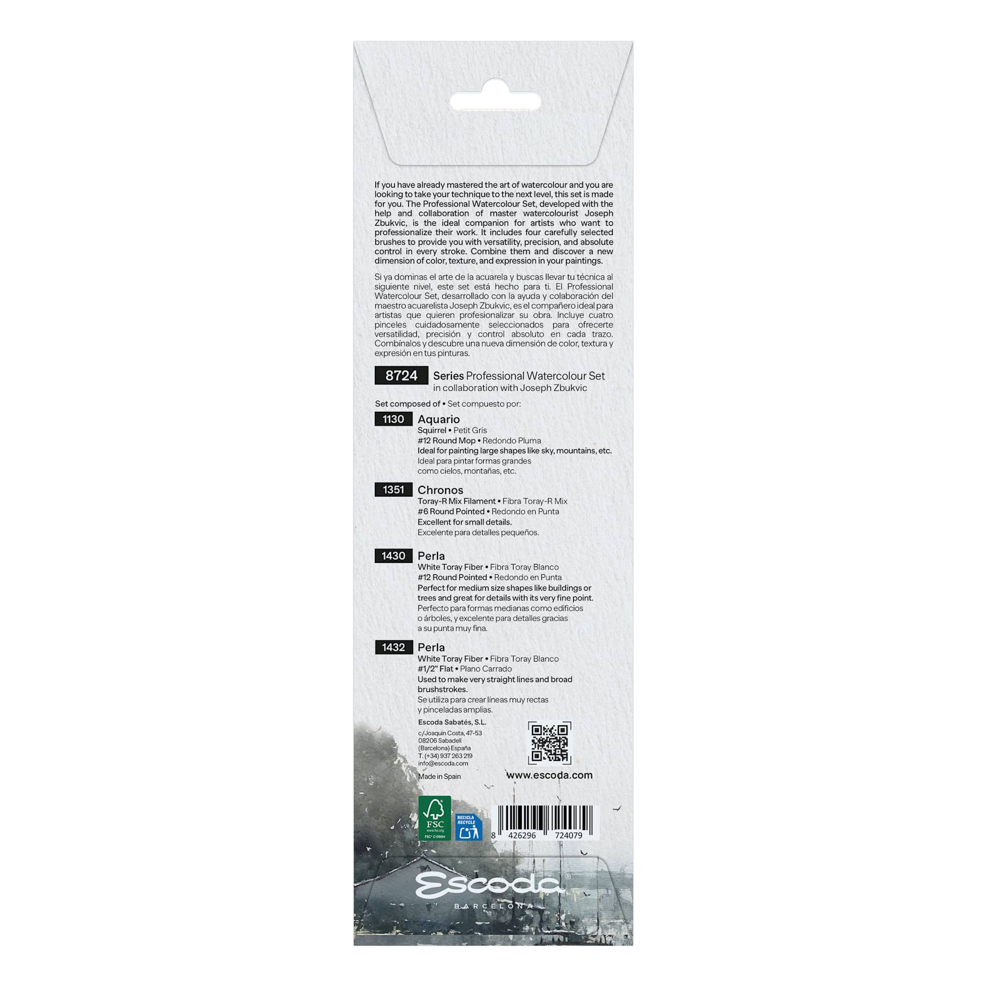 Escoda Professional Watercolor Brushes - Set of 4, back of packaging