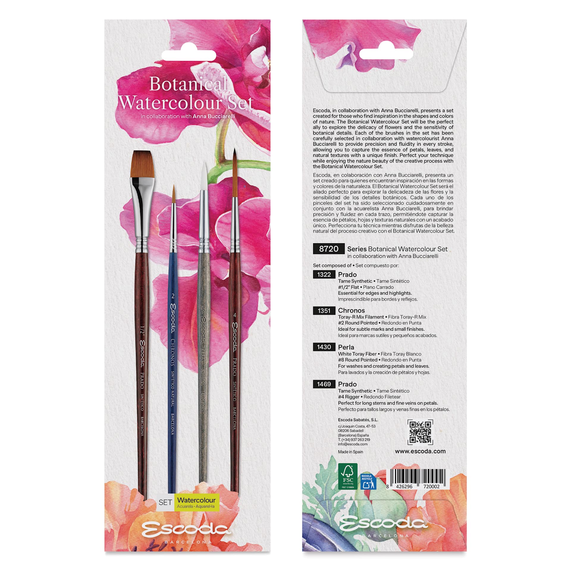 Escoda Botanical Watercolor Brushes - Set of 4, front and back of packaging