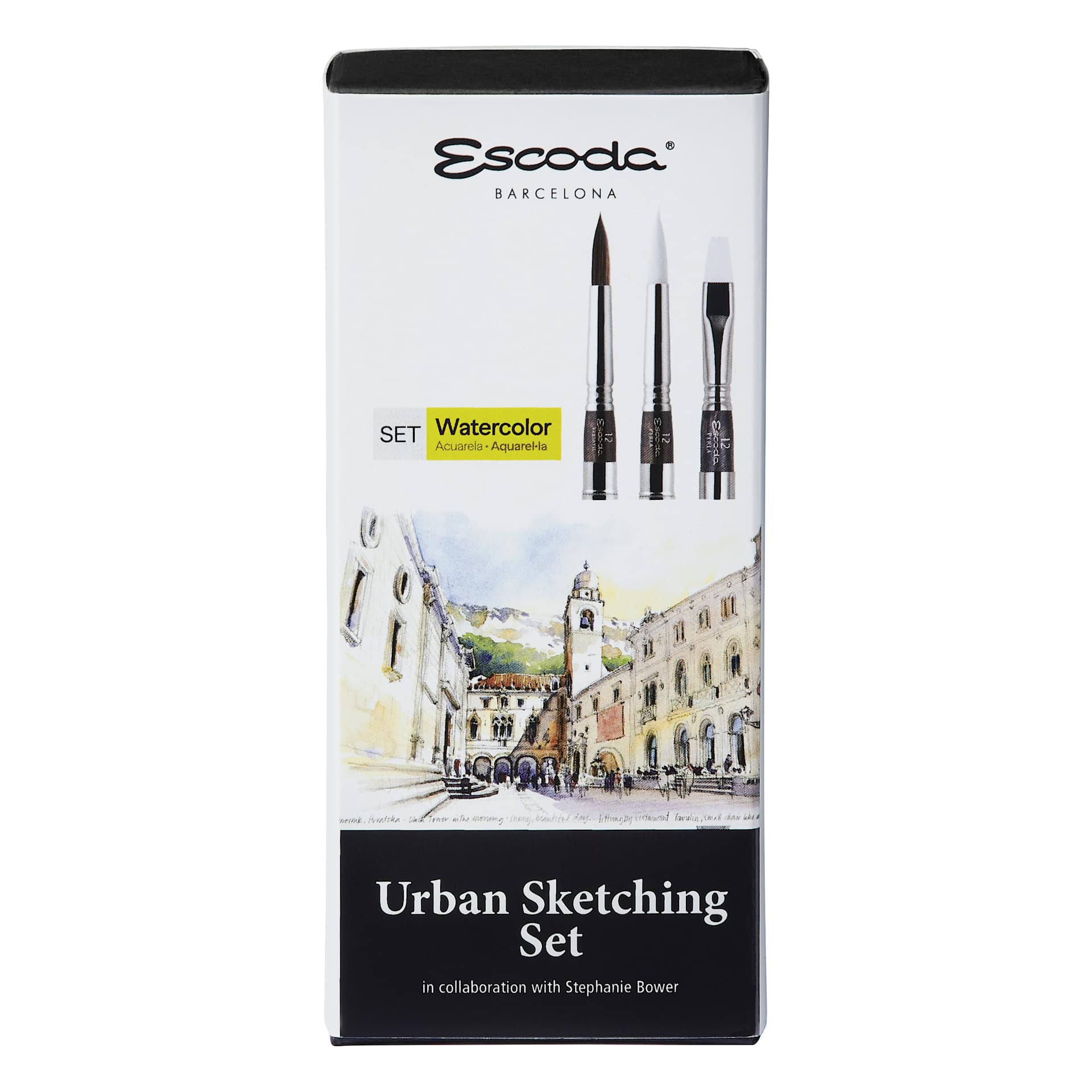 Escoda Urban Sketching Watercolor Travel Brushes - Set of 3, front of packaging