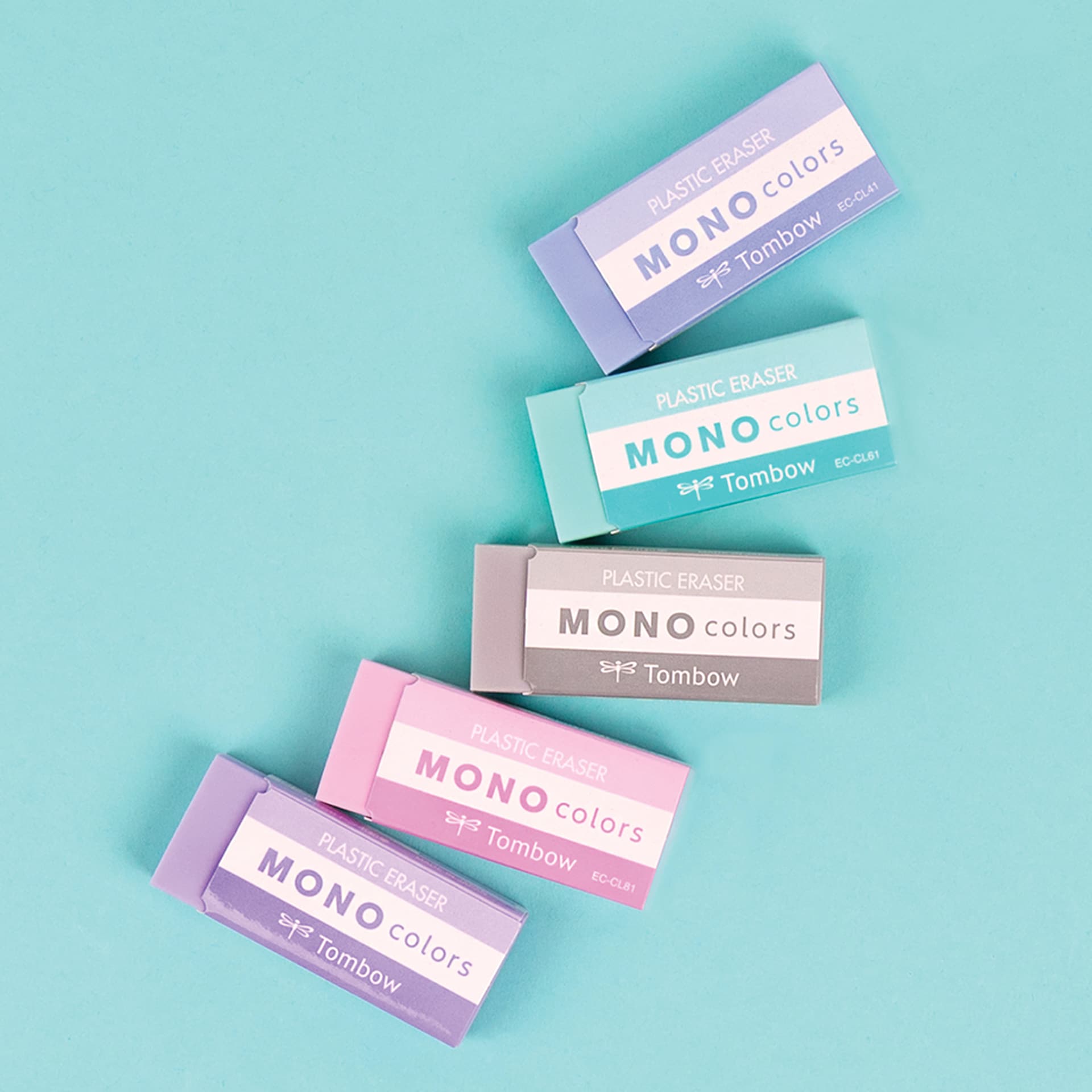 Tombow Mono Colors Erasers, available colors against a green background