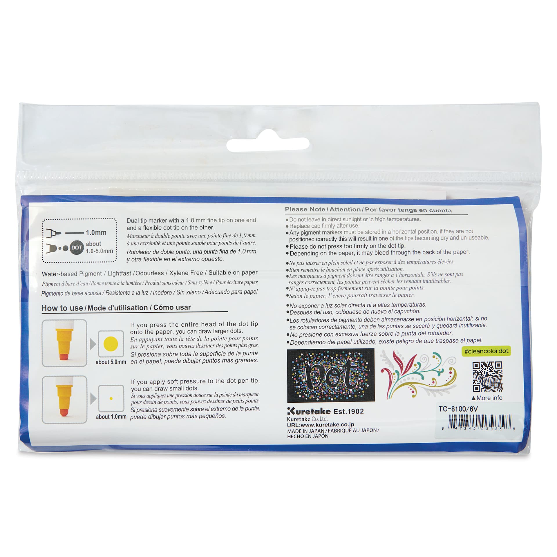 Zig Clean Color Dot Dual Tip Markers - Set of 6, Metallic Colors, back of the packaging