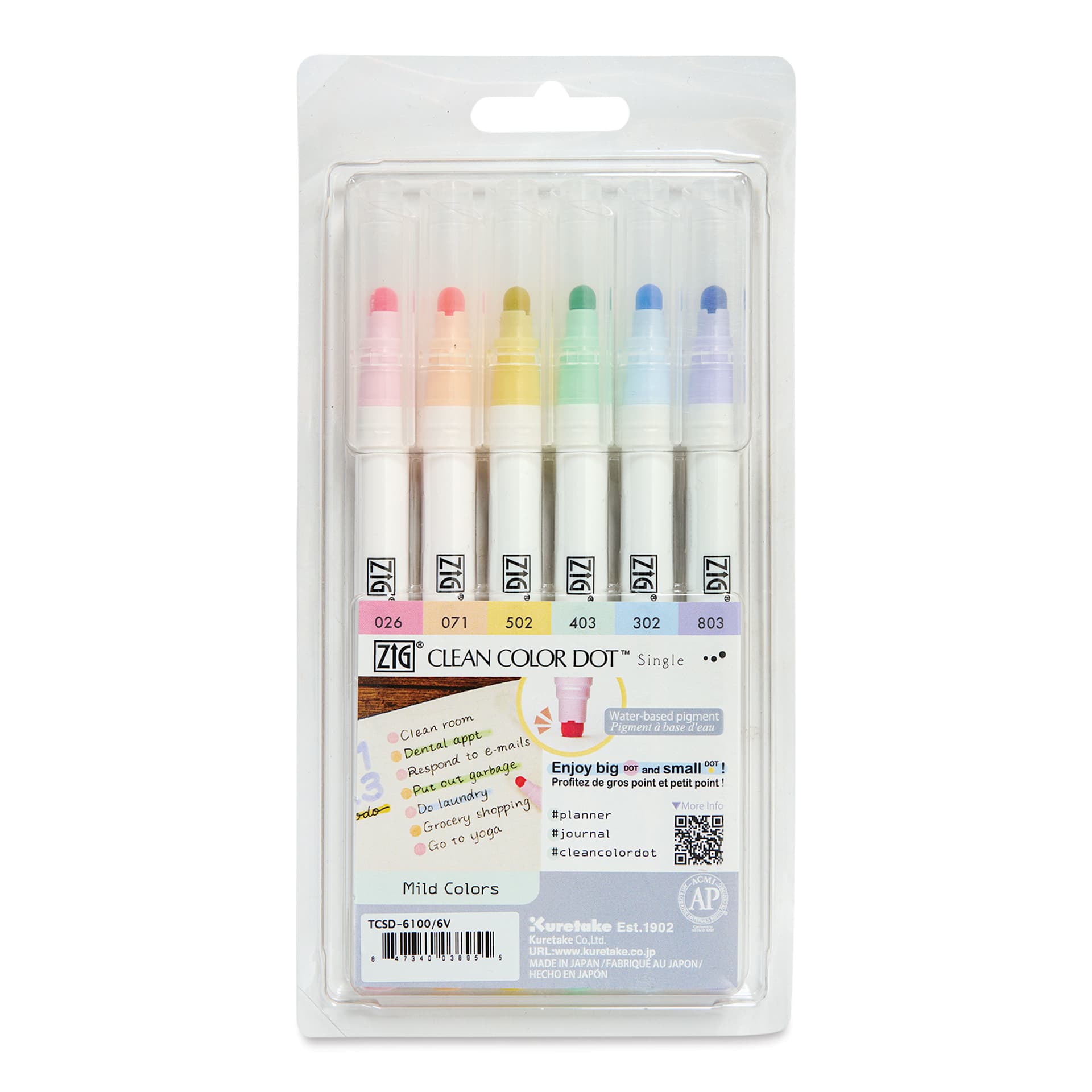 Zig Clean Color Dot Markers - Mild Colors, Set of 6, front of the packaging