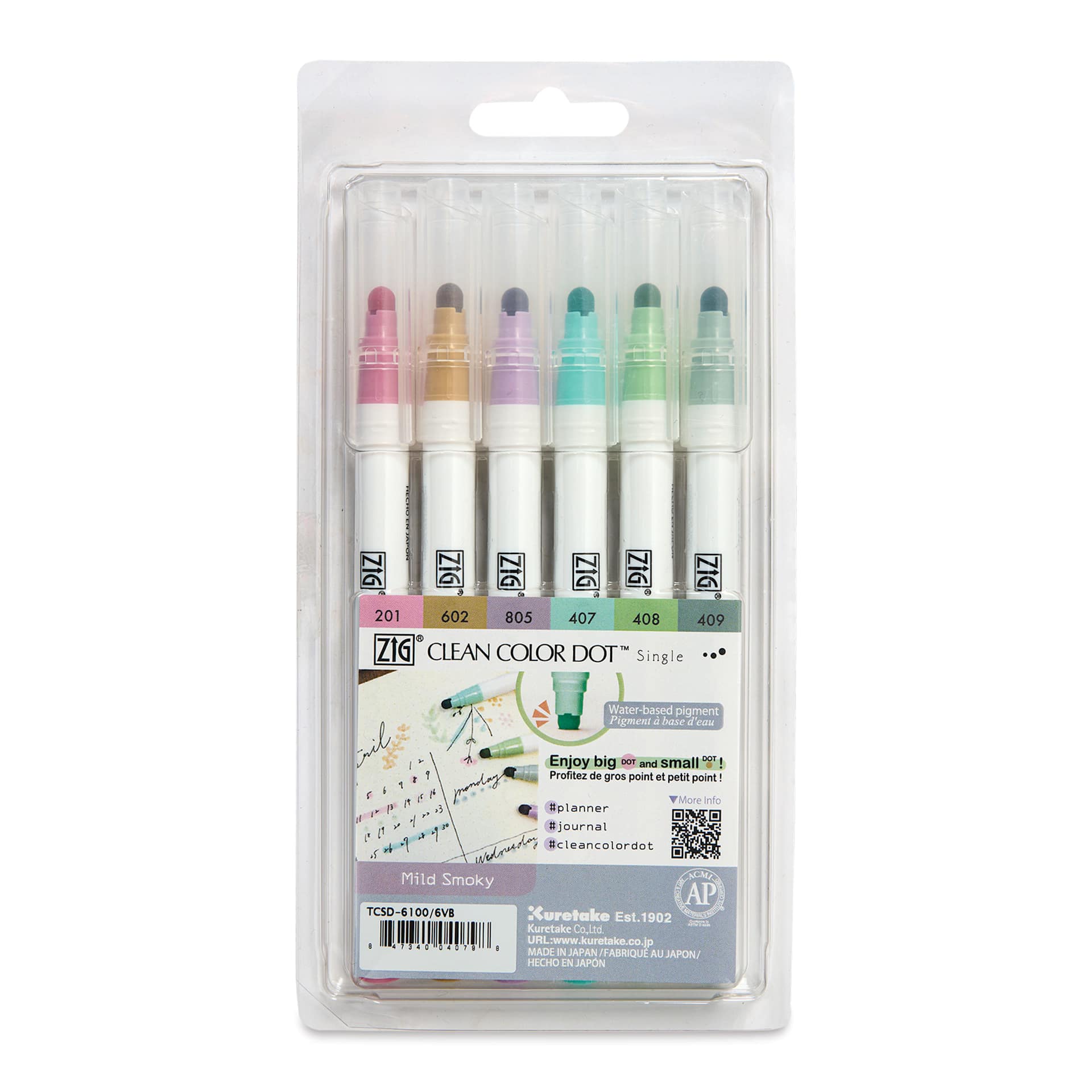 Zig Clean Color Dot Markers - Mild Smoky Colors, Set of 6, front of the packaging