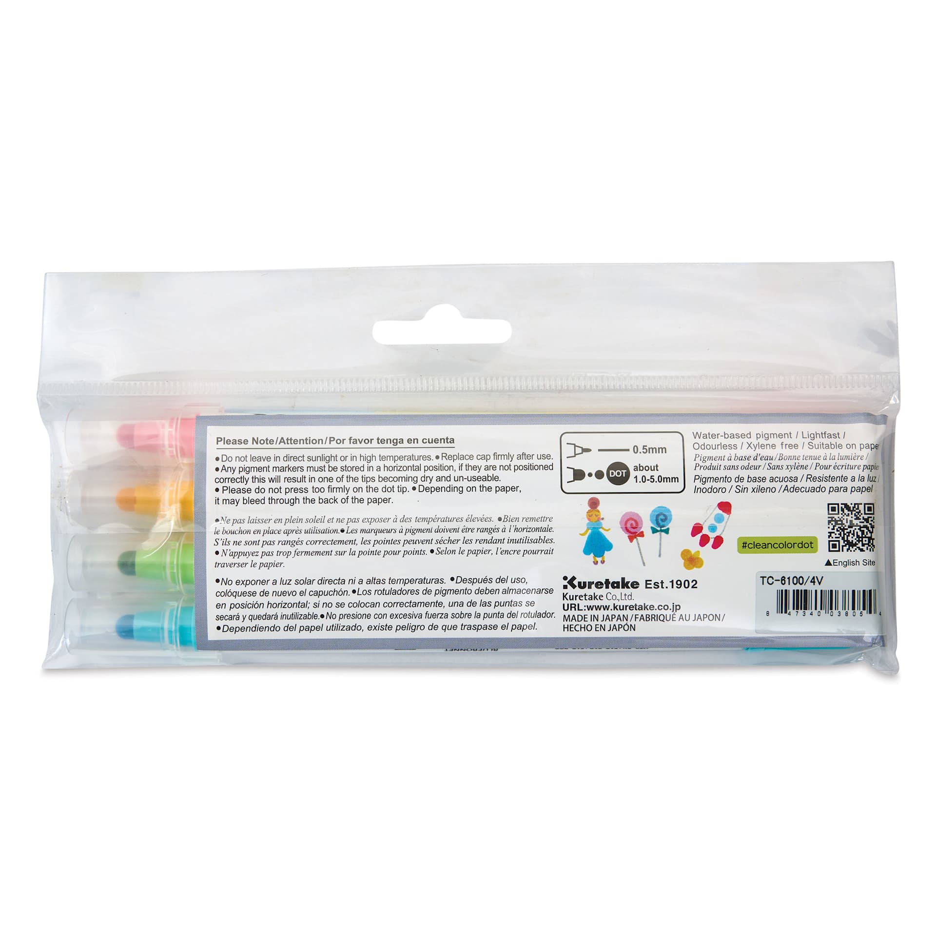 Zig Clean Color Dot Markers - Set of 4, Assorted Colors, back of the packaging
