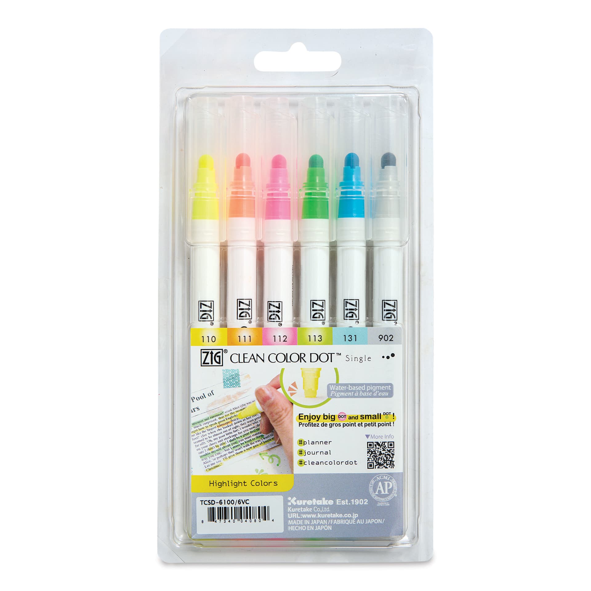 Zig Clean Color Dot Markers - Highlight Colors, Set of 6, front of the packaging