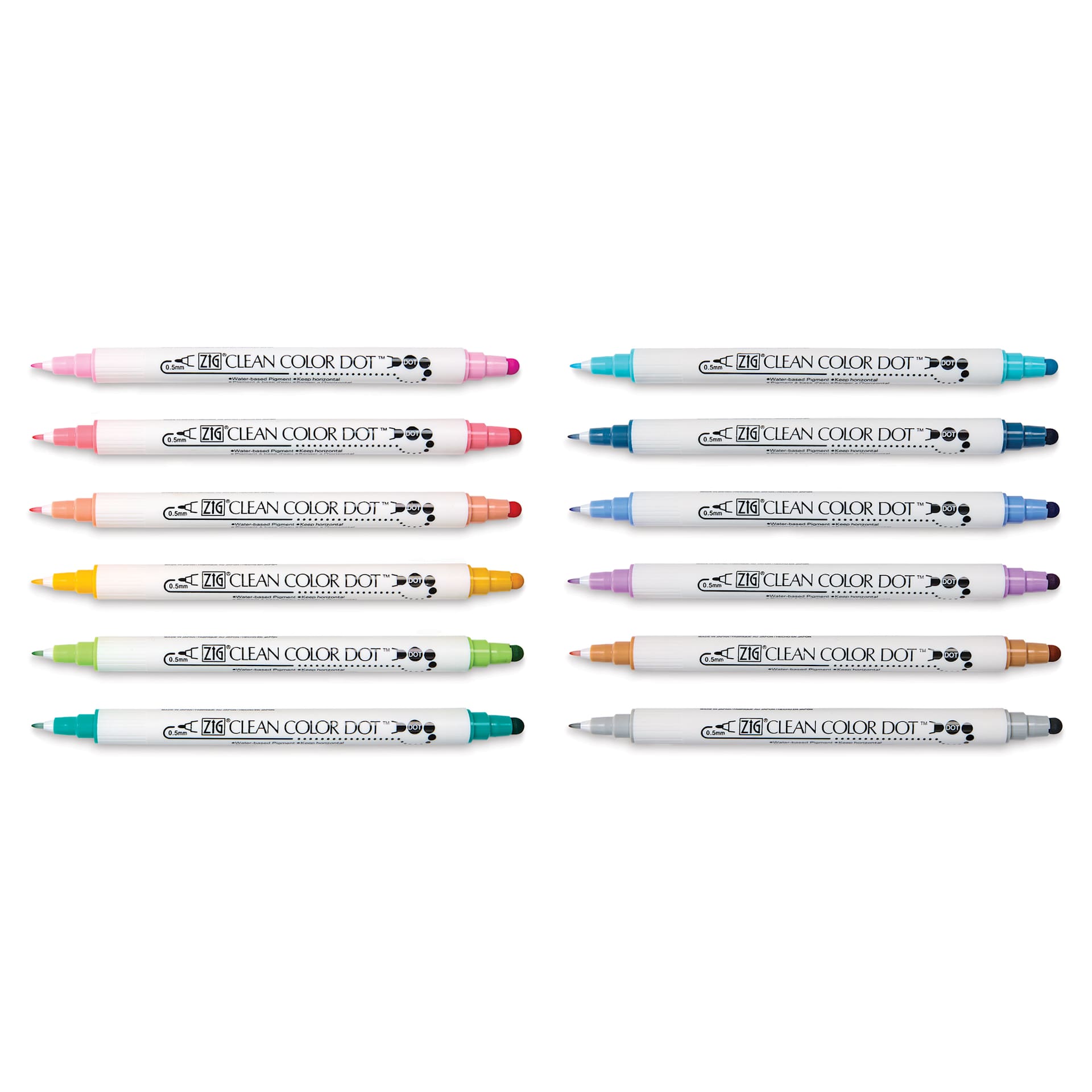 Zig Clean Color Dot Markers - Set of 12, Assorted Colors, markers with caps off