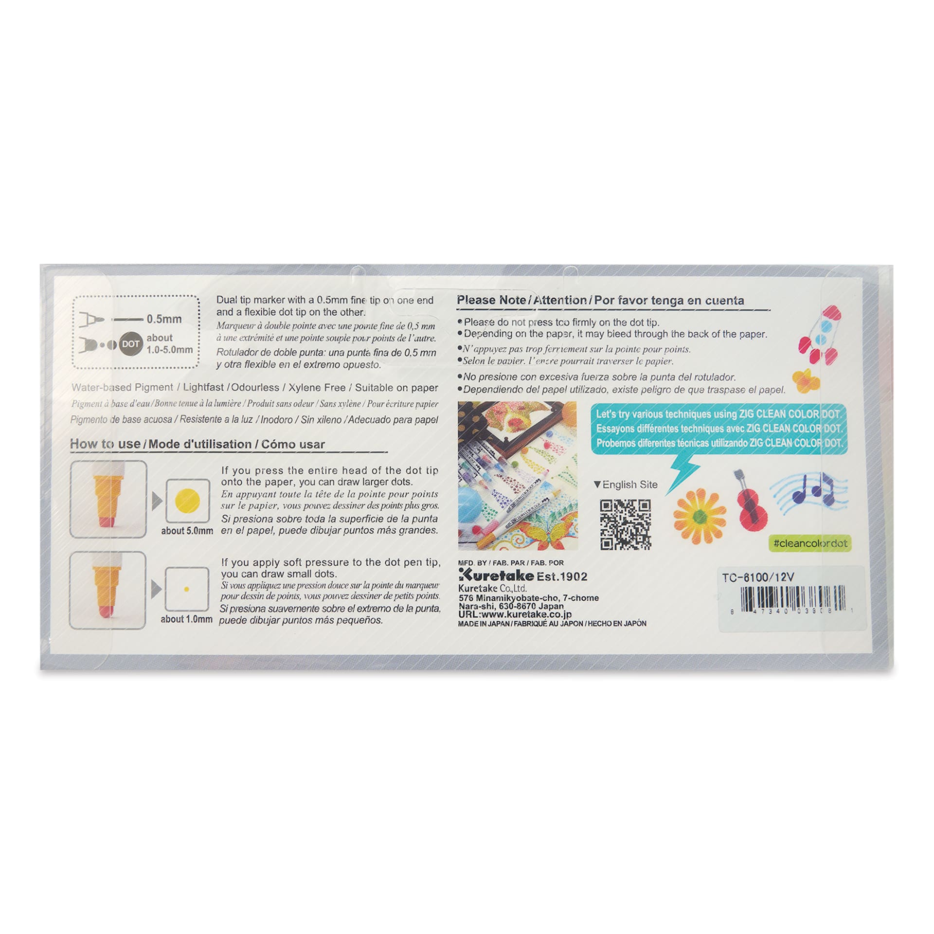 Zig Clean Color Dot Markers - Set of 12, Assorted Colors, back of the packaging