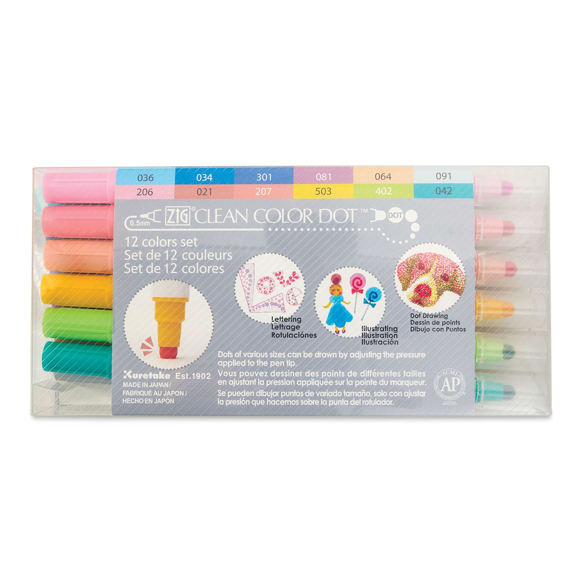 Zig Clean Color Dot Markers - Set of 12, Assorted Colors, front of the packaging