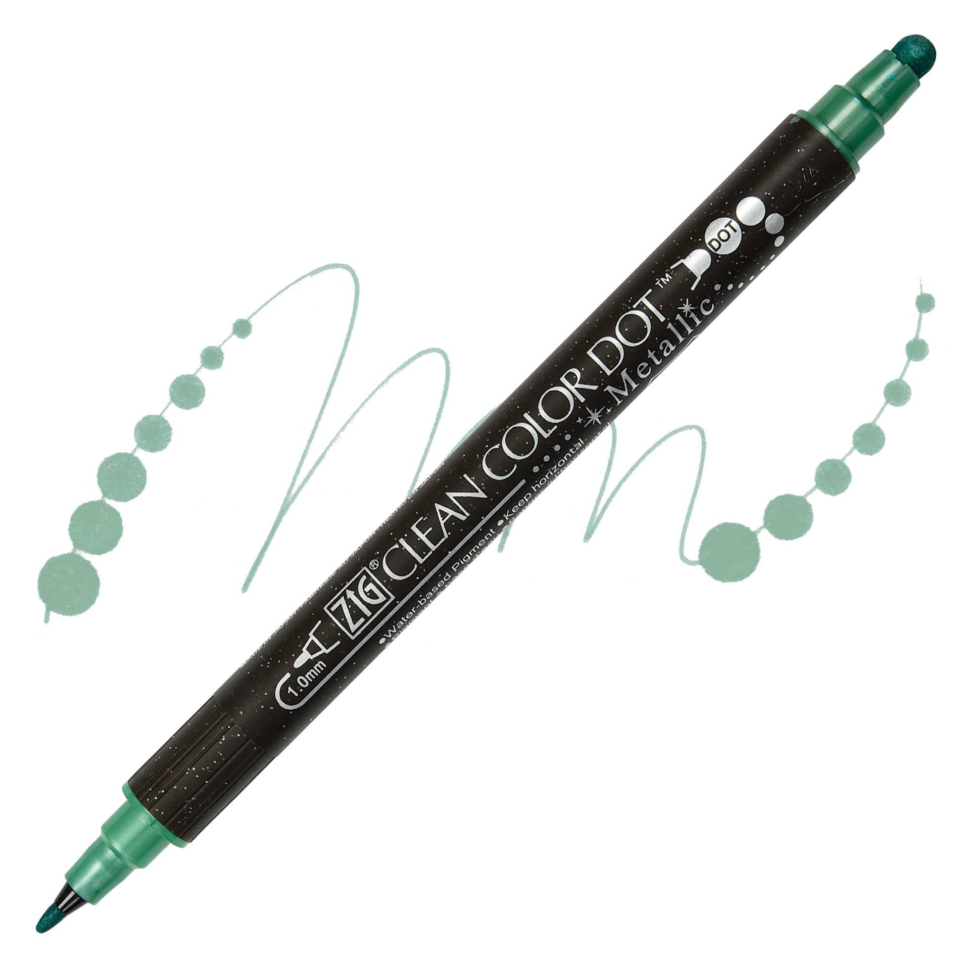 Zig Clean Color Dot Dual Tip Marker - Metallic Green, swatch and markers
