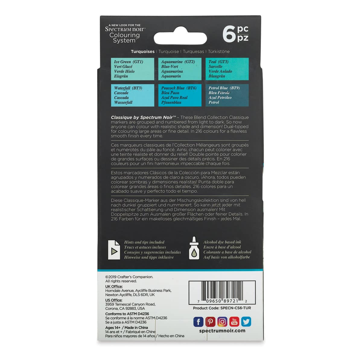 Spectrum Noir Classique Markers - Turquoises, Set of 6 - back of packaging