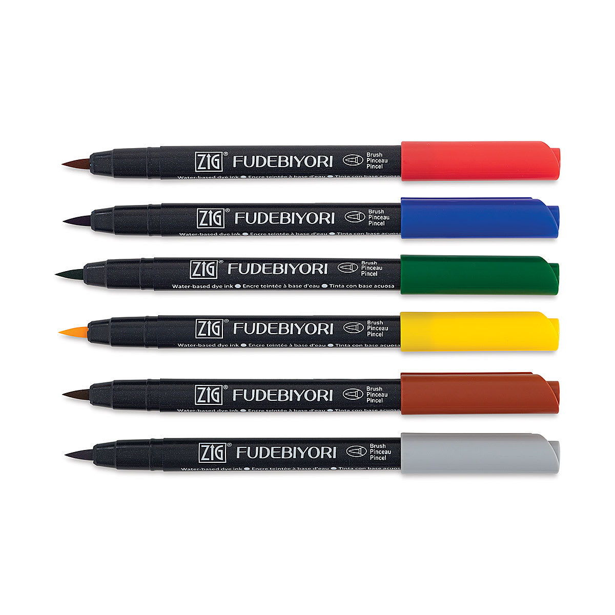 Kuretake Zig Fudebiyori Brush Pens - Set of 6 Assorted Colors shown horizontally and uncapped