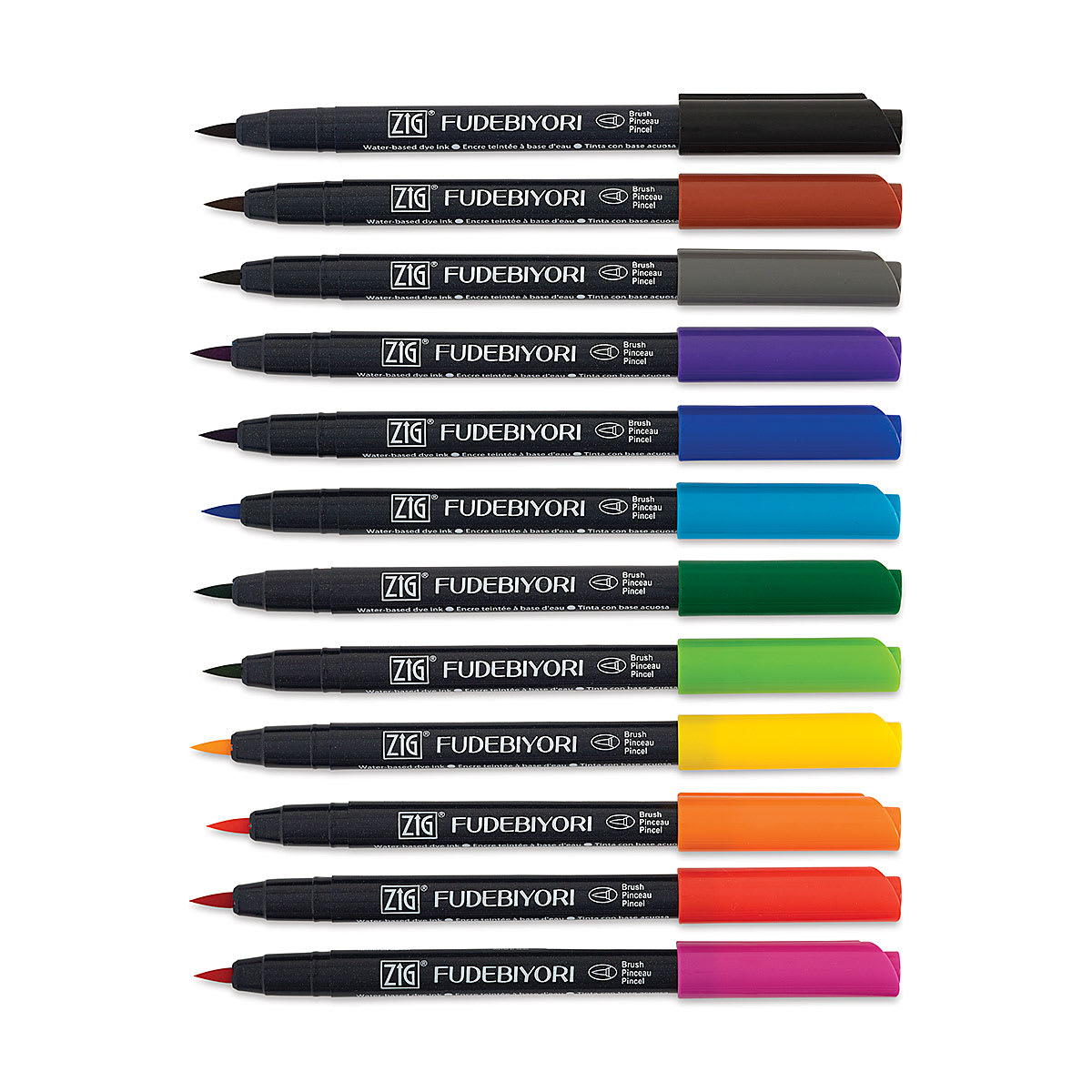 Kuretake Zig Fudebiyori Brush Pens - Set of 12 Assorted colors shown horizontally and uncapped