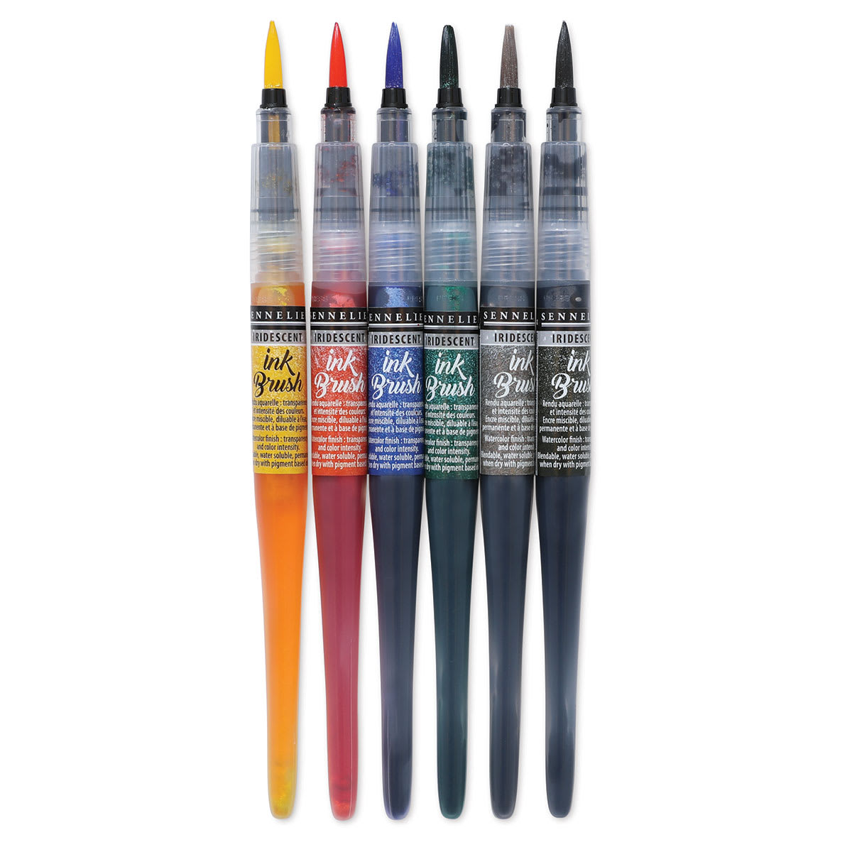 Sennelier Ink Brushes - 6 Iridescent Colors shown uncapped